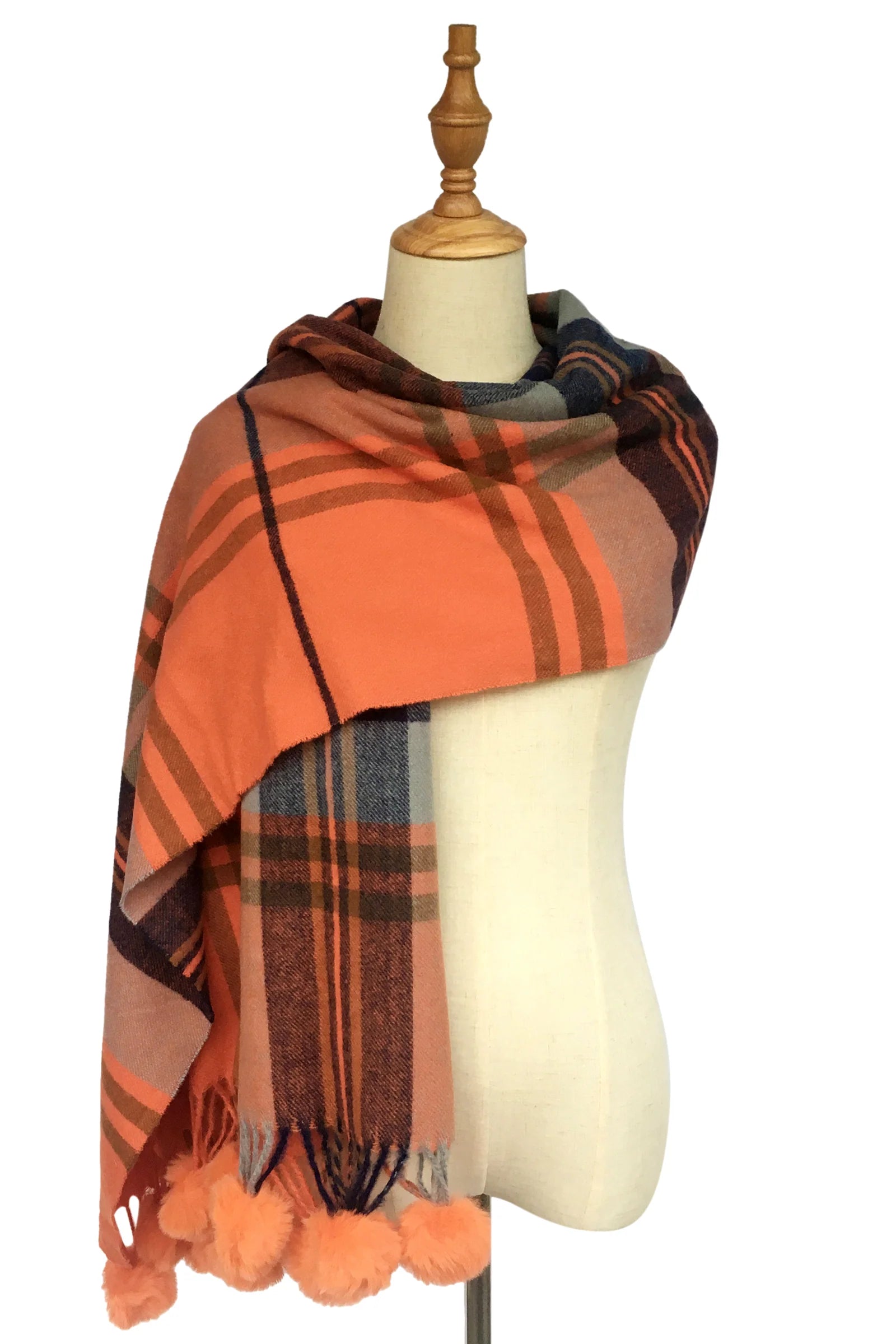 Tartan Check Wool Pom Pom Tassel Scarf