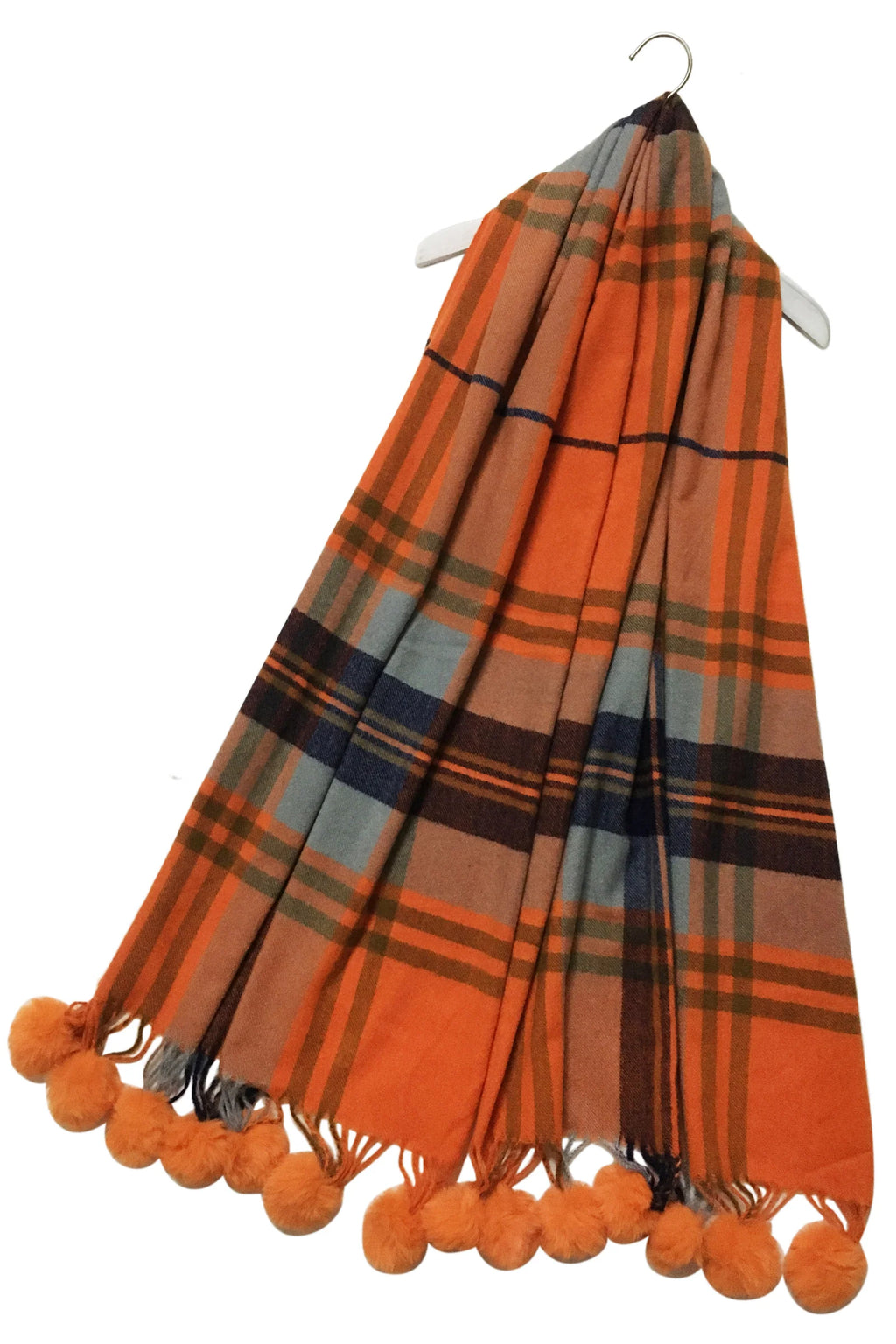 Tartan Check Wool Pom Pom Tassel Scarf