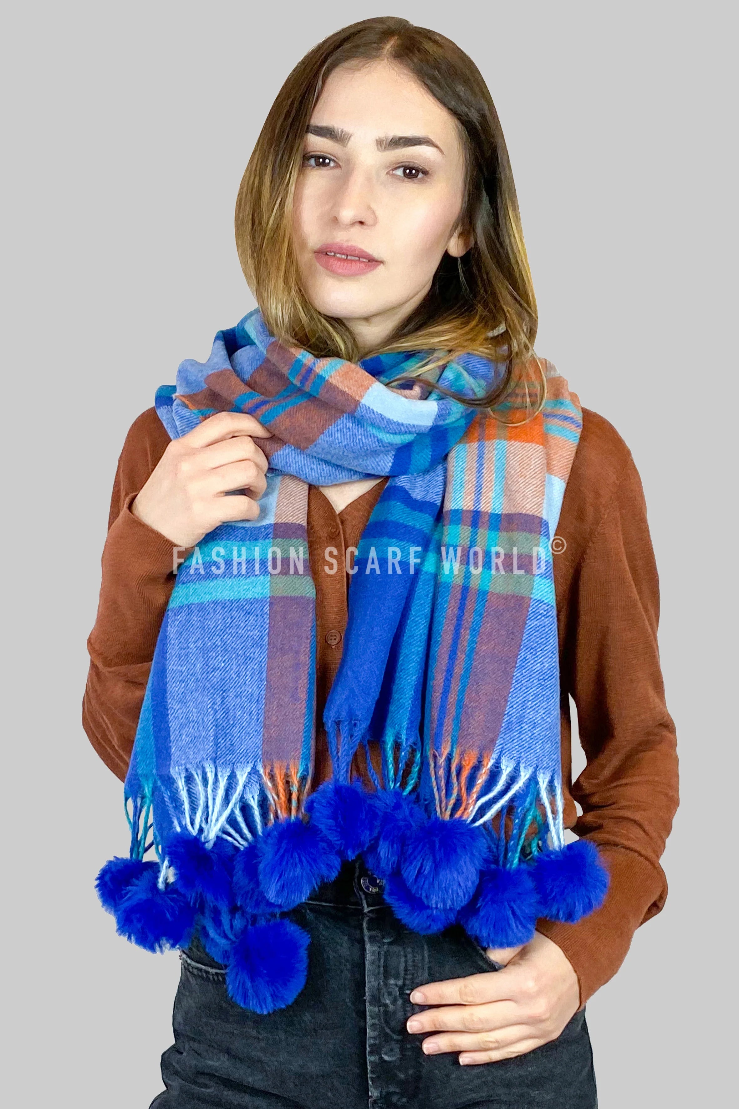 Tartan Check Wool Pom Pom Tassel Scarf