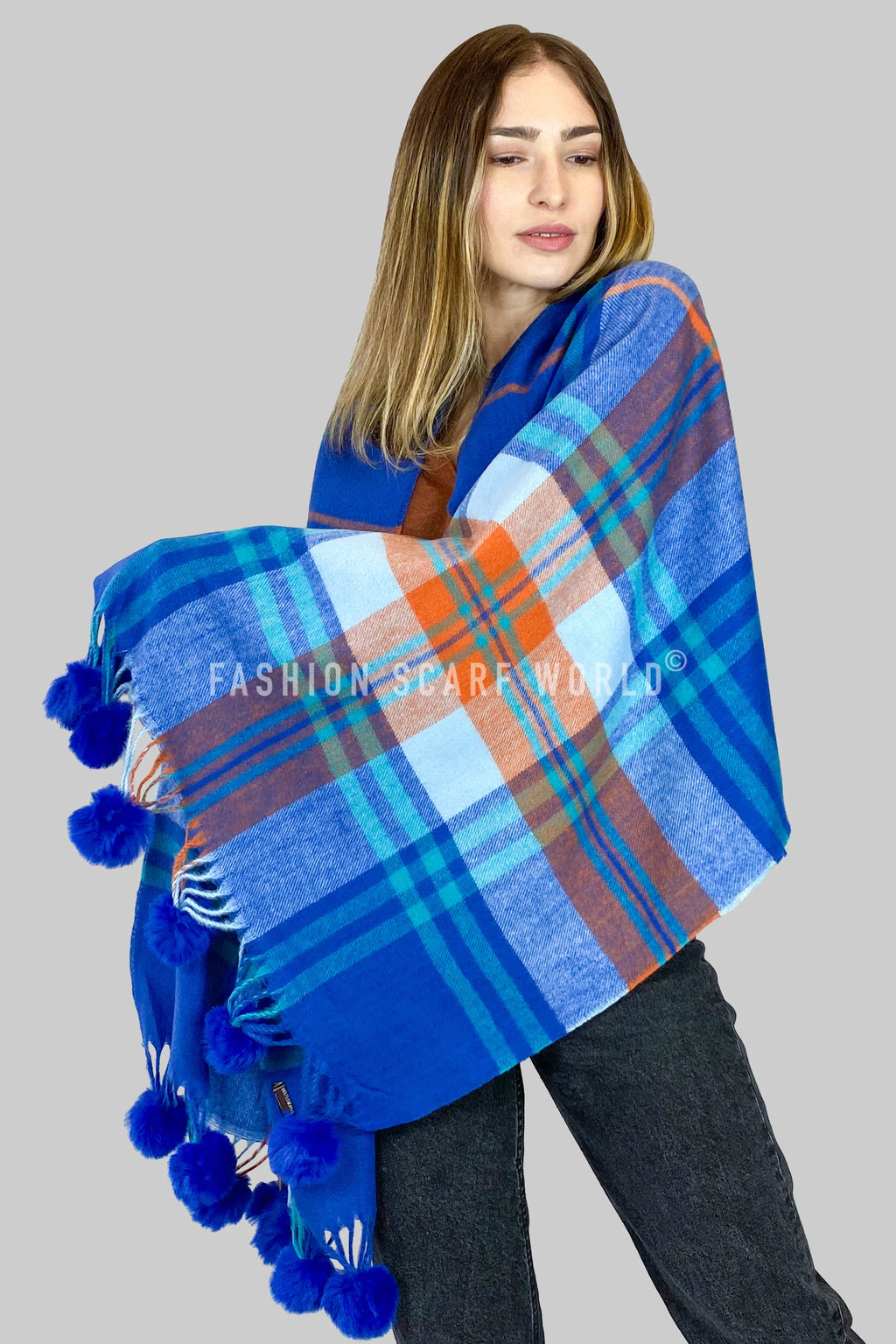 Tartan Check Wool Pom Pom Tassel Scarf