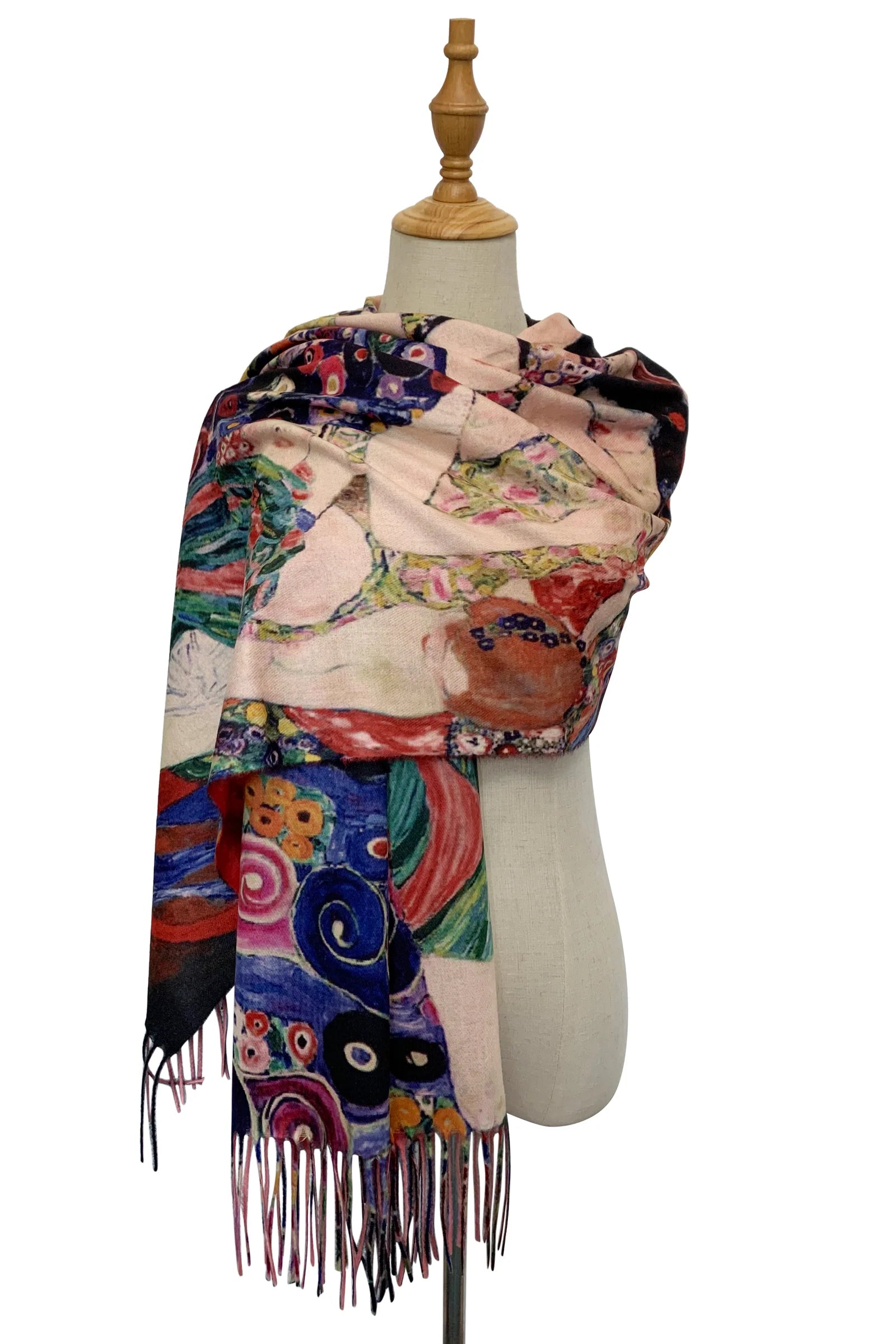 Klimt The Virgins Print Wool Tassel Scarf – Solid Wine Reverse