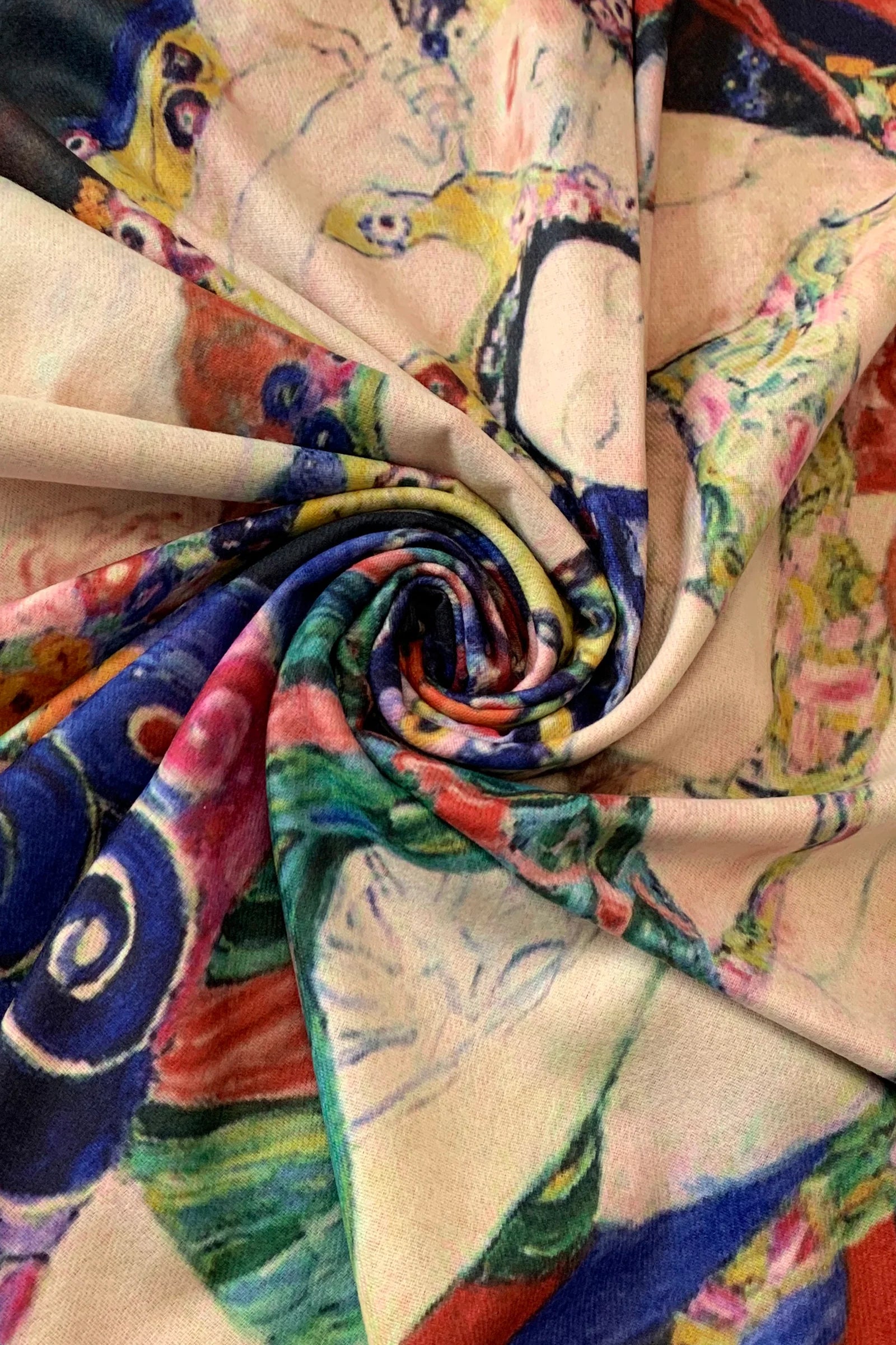 Klimt The Virgins Print Wool Tassel Scarf – Solid Wine Reverse