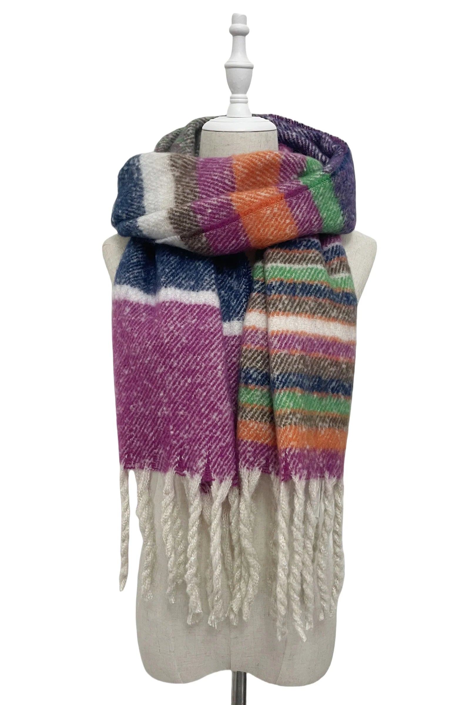 Multi Stripe Blanket Tassel Scarf - Purple