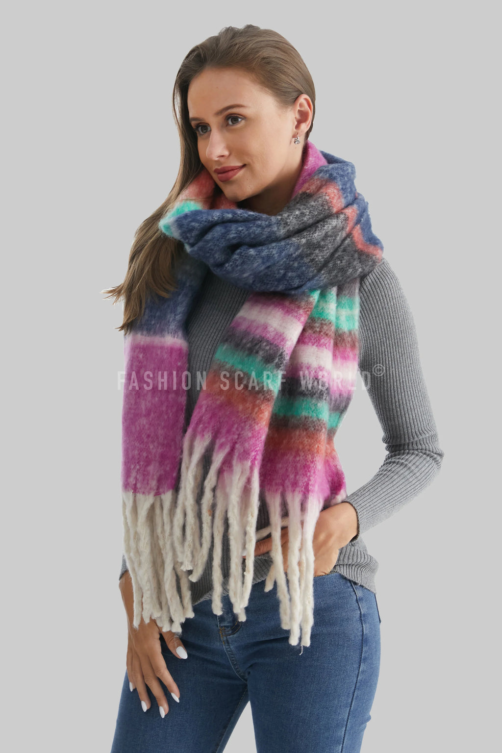 Multi Stripe Blanket Tassel Scarf - Purple