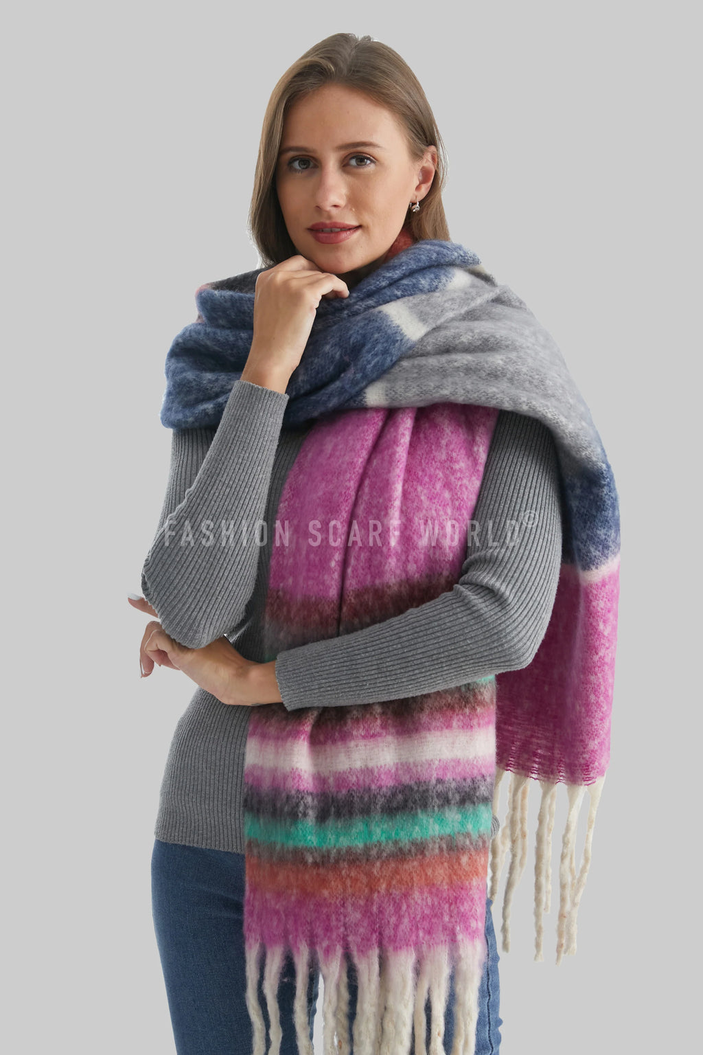Multi Stripe Blanket Tassel Scarf - Purple