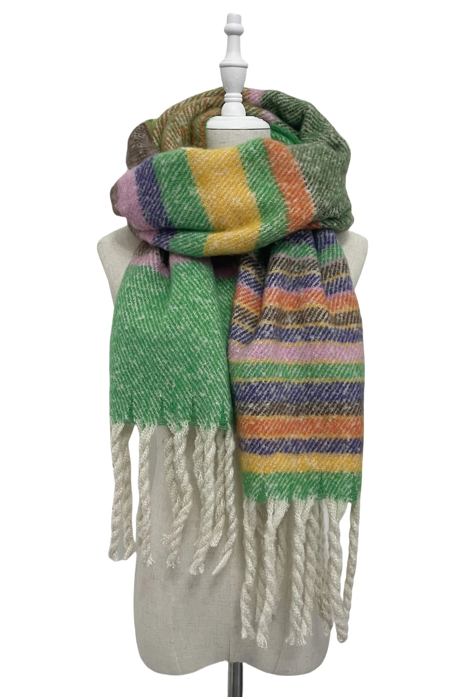 Multi Stripe Blanket Tassel Scarf - Green