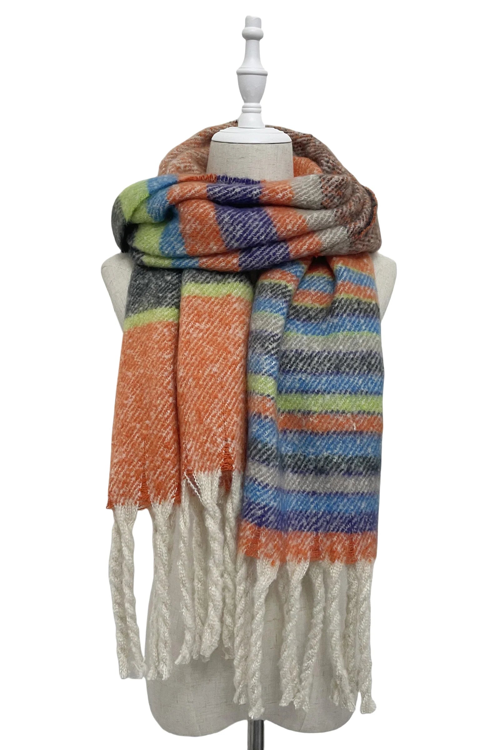 Multi Stripe Blanket Tassel Scarf - Orange