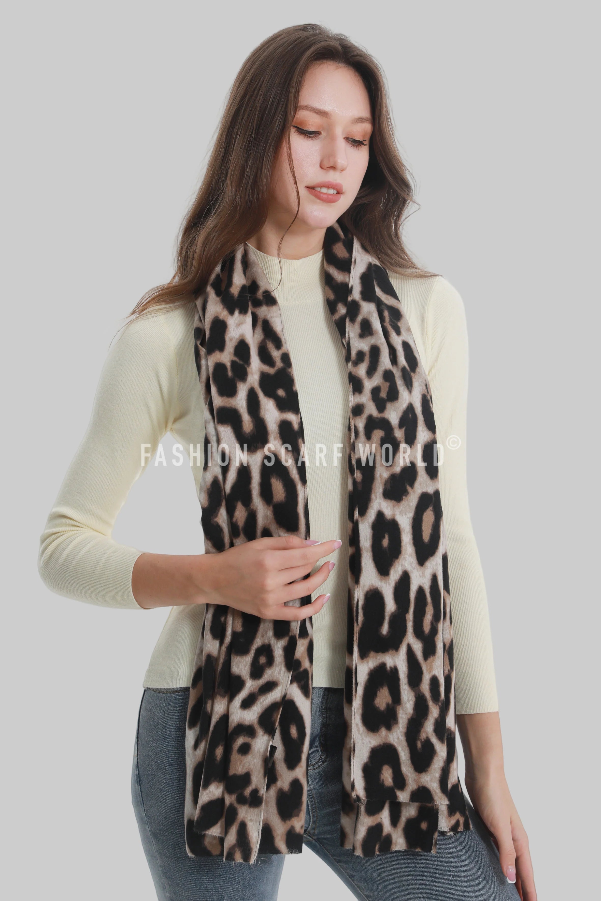 Bold Leopard Animal Print Frayed Scarf – Grey