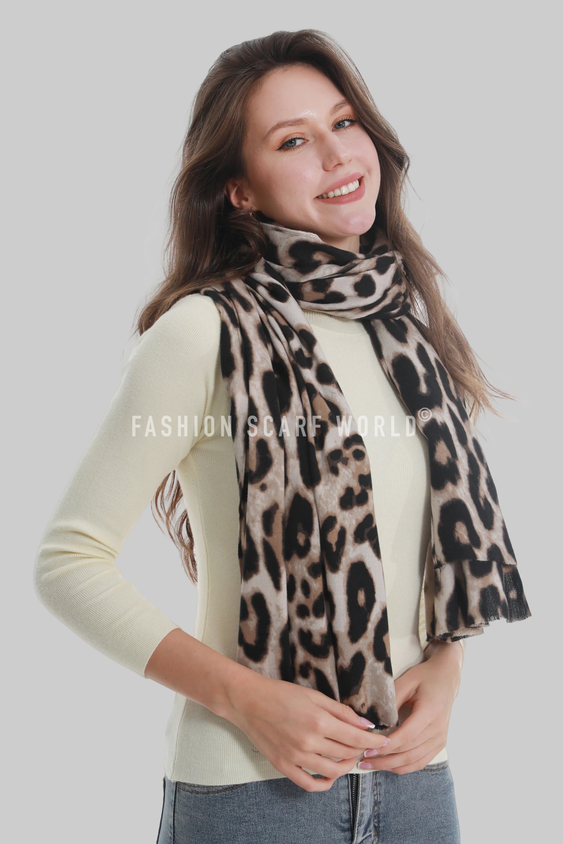 Bold Leopard Animal Print Frayed Scarf – Grey
