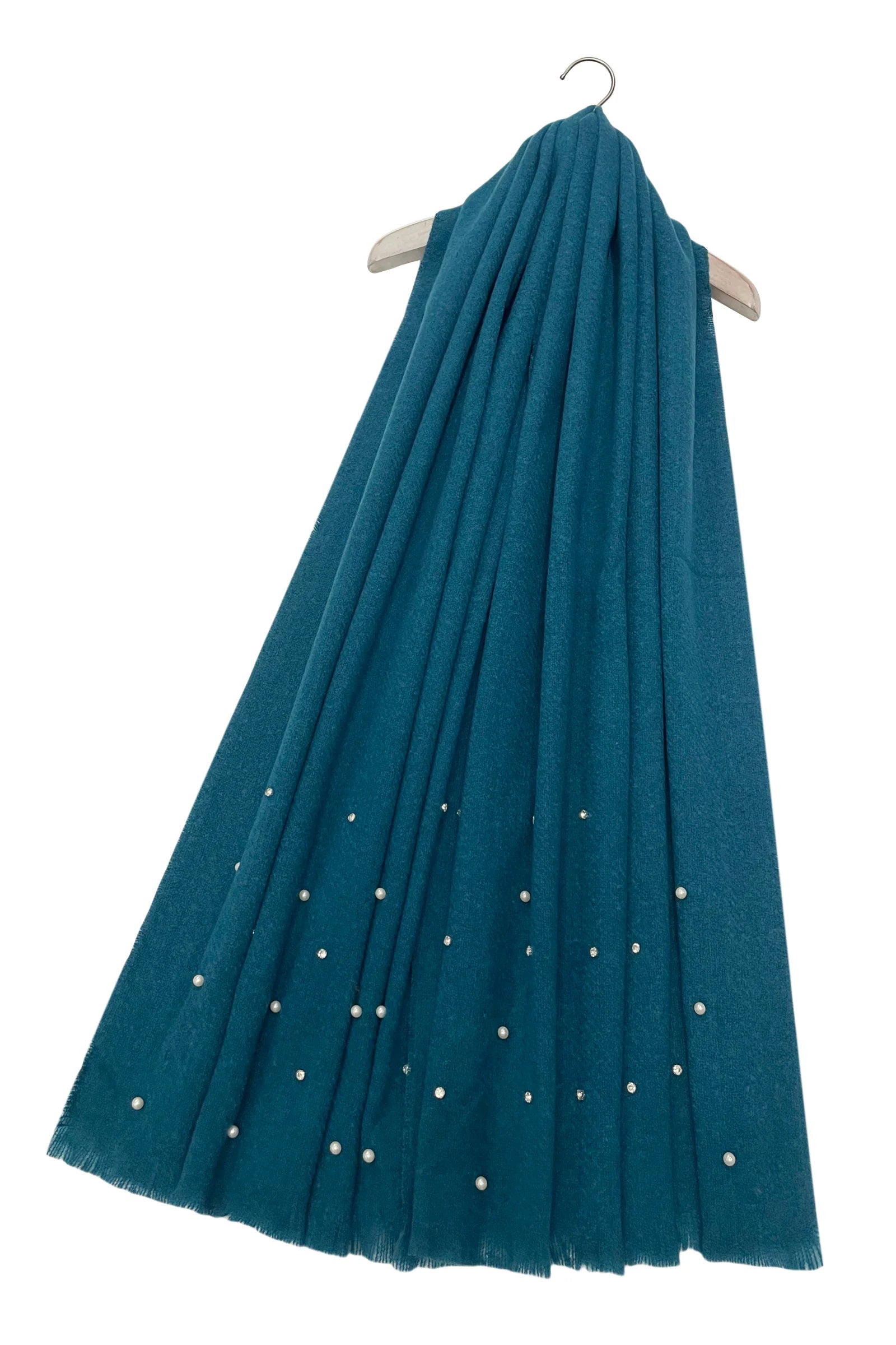 Pearl & Diamante Teal Wool Blend Scarf