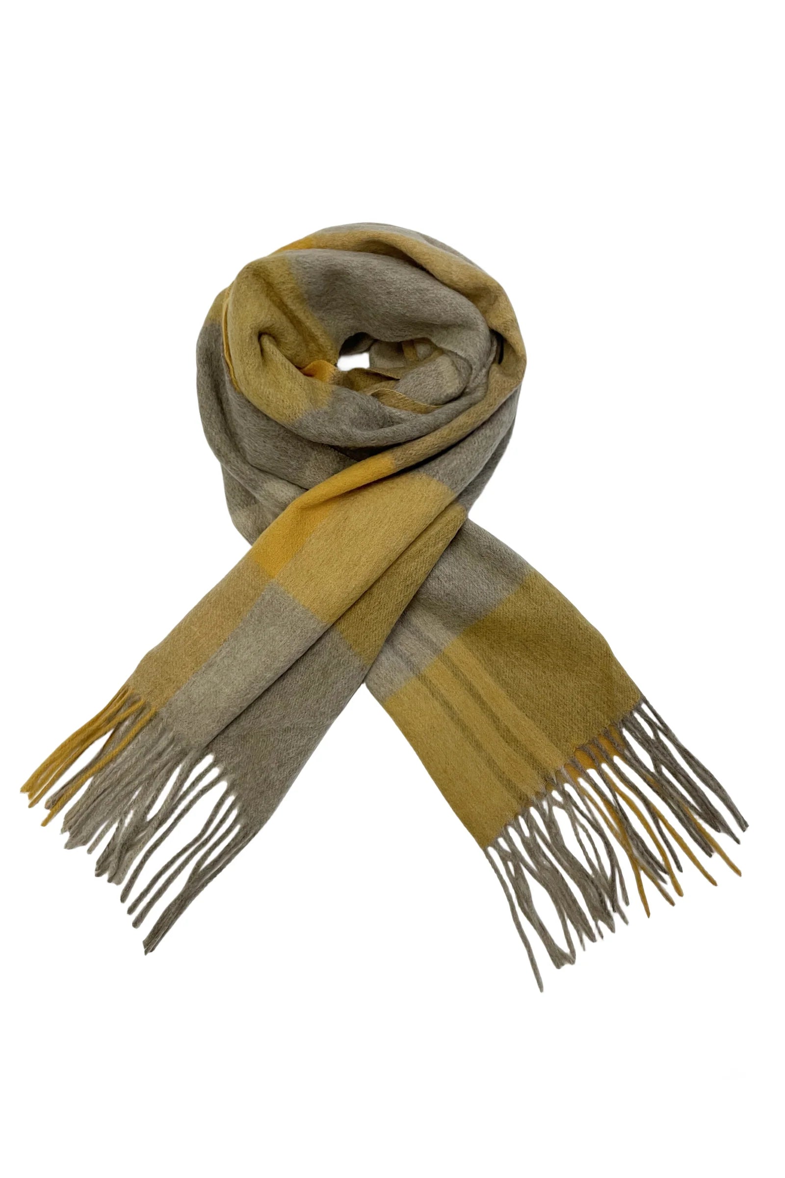 Large Check 100% Wool Tassel Scarf-Mustard/Beige
