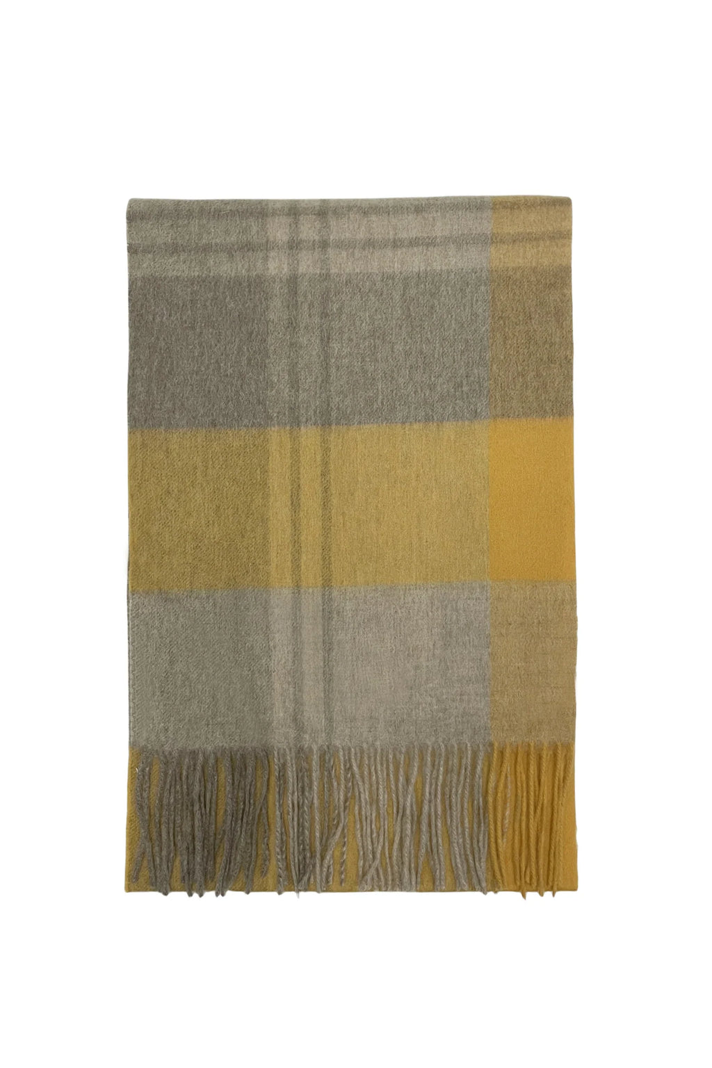 Large Check 100% Wool Tassel Scarf-Mustard/Beige