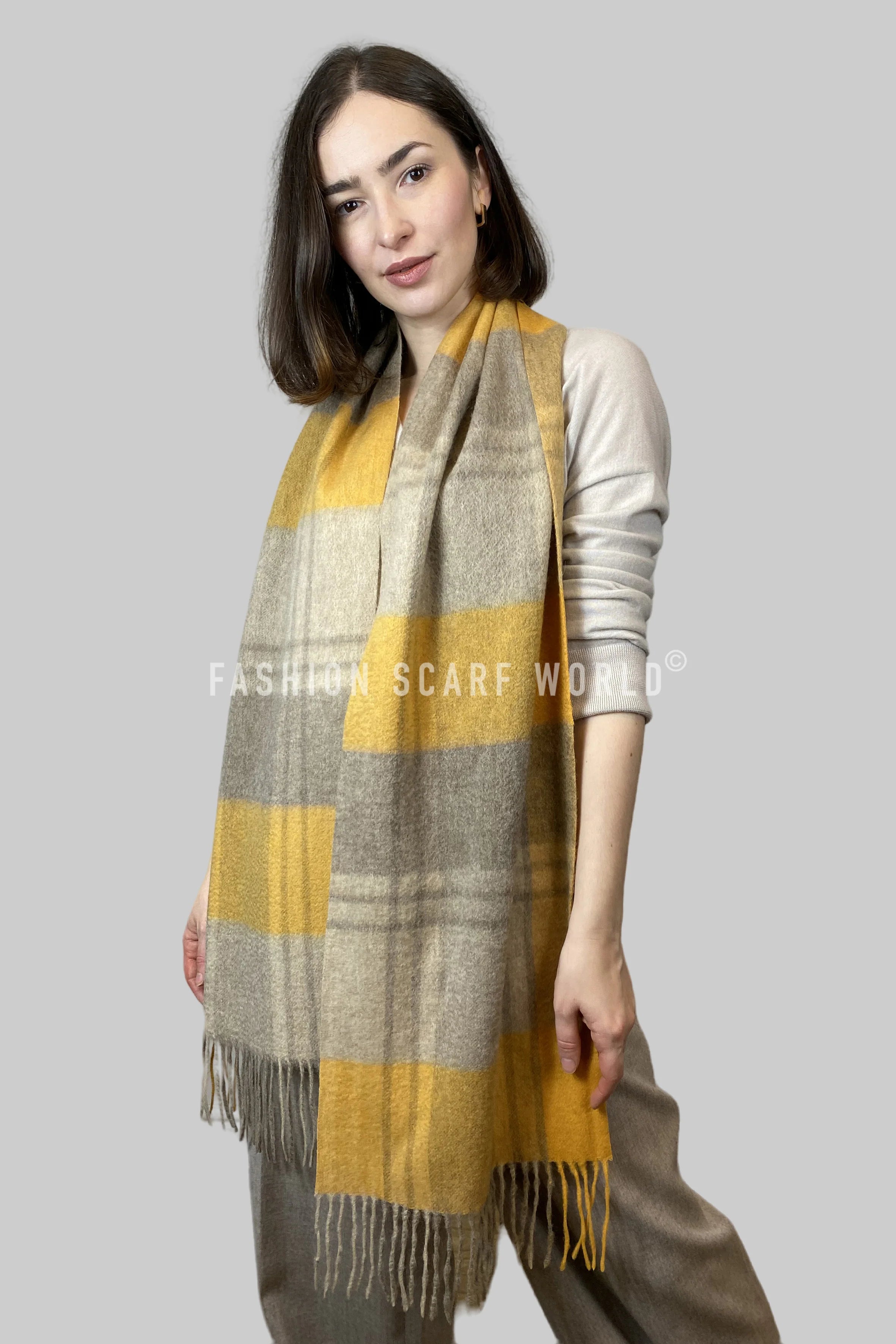 Large Check 100% Wool Tassel Scarf-Blue/Coffee