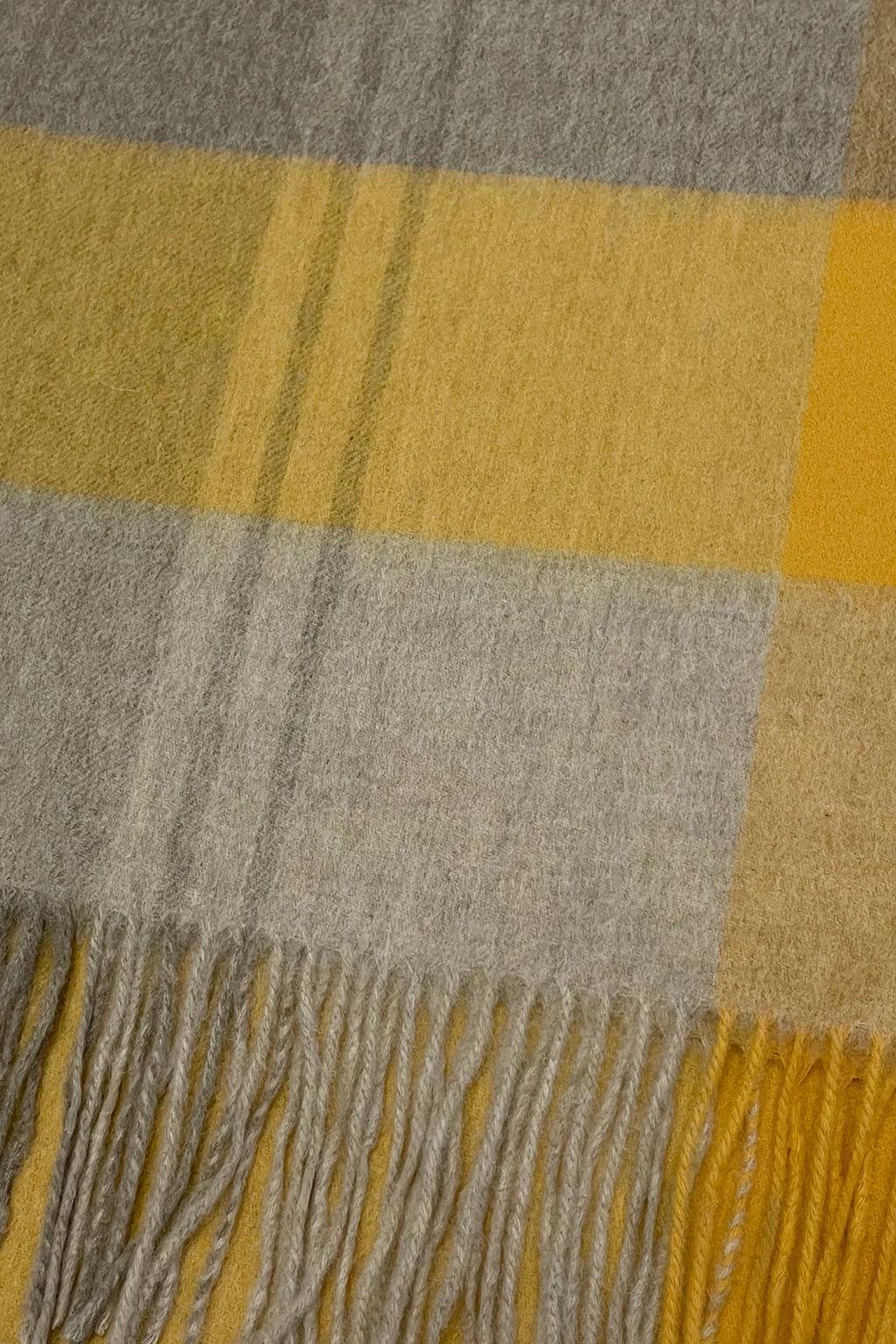 Large Check 100% Wool Tassel Scarf-Mustard/Beige