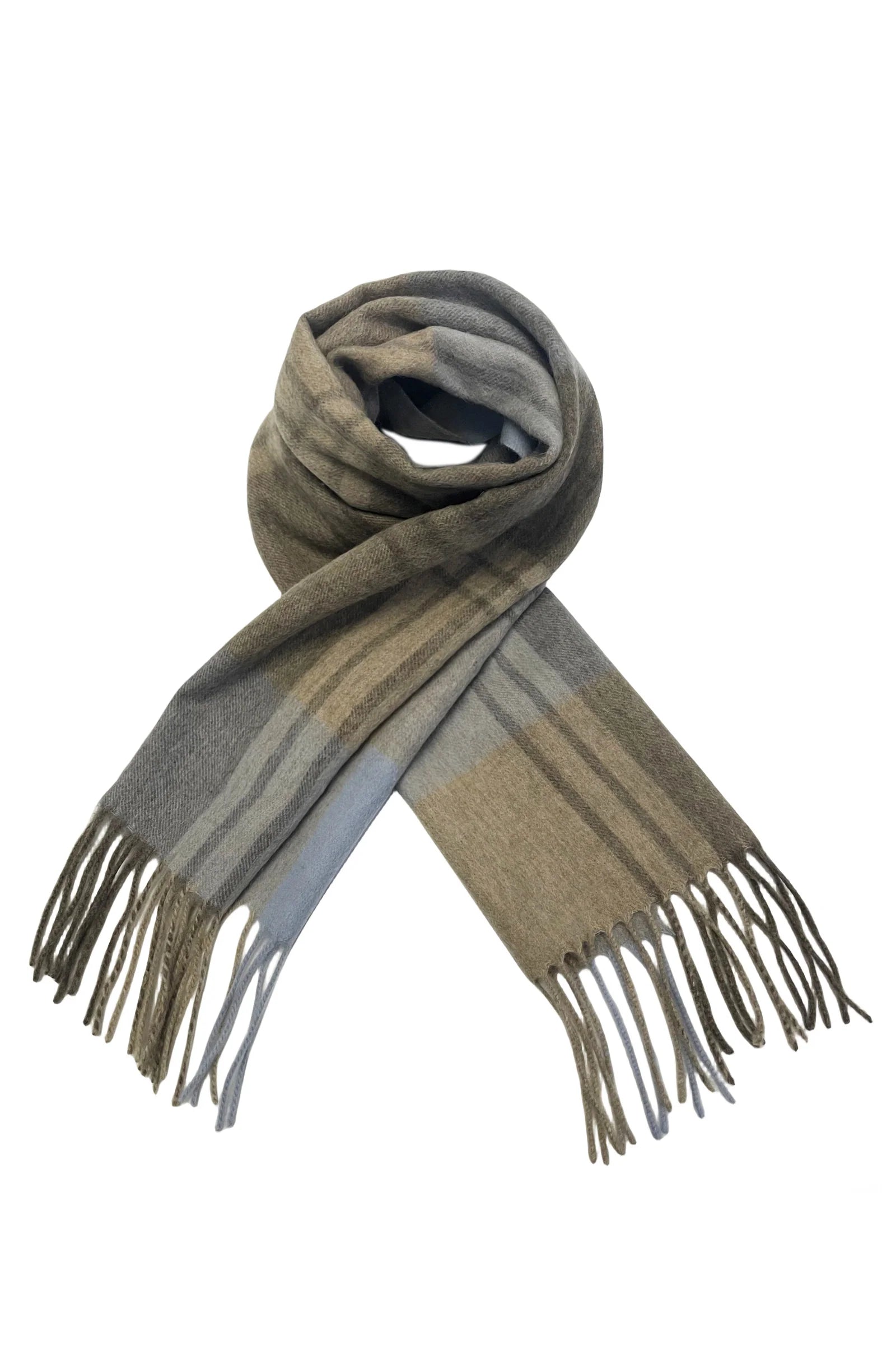 Large Check 100% Wool Tassel Scarf-Blue/Coffee
