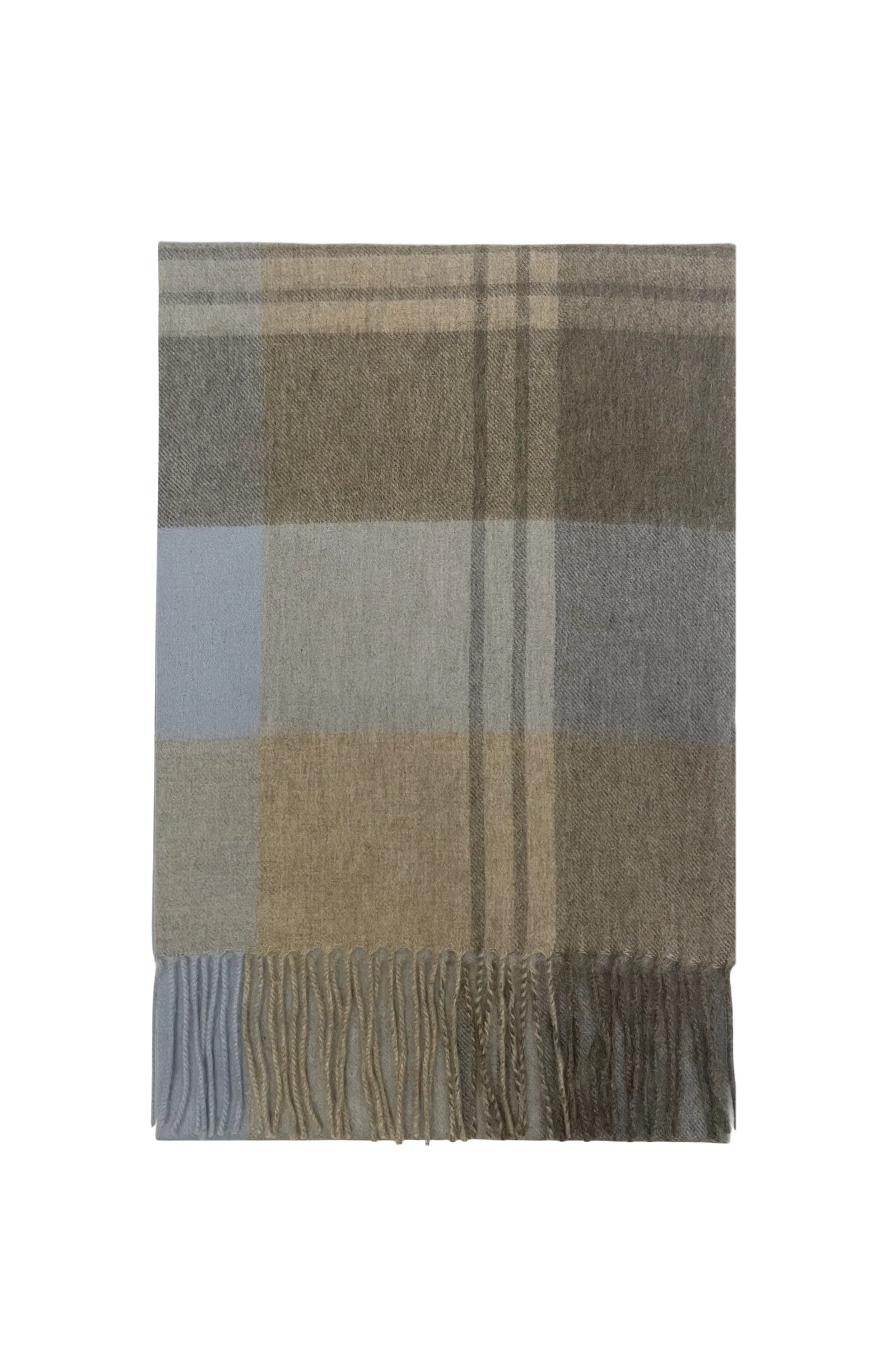 Large Check 100% Wool Tassel Scarf-Blue/Coffee