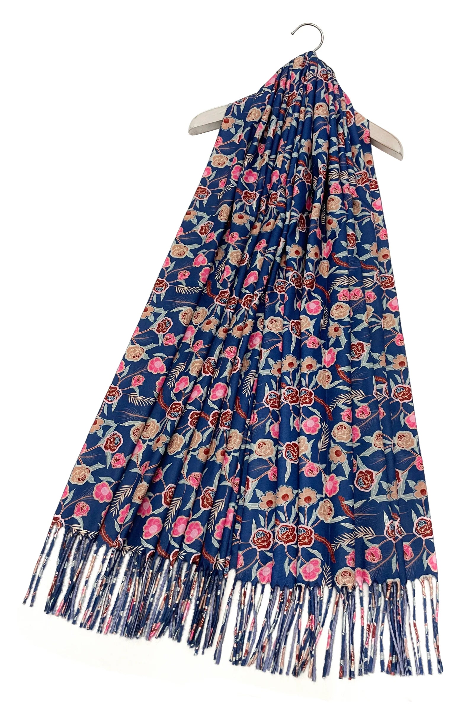 Rose & Mixed Floral Wool Tassel Scarf