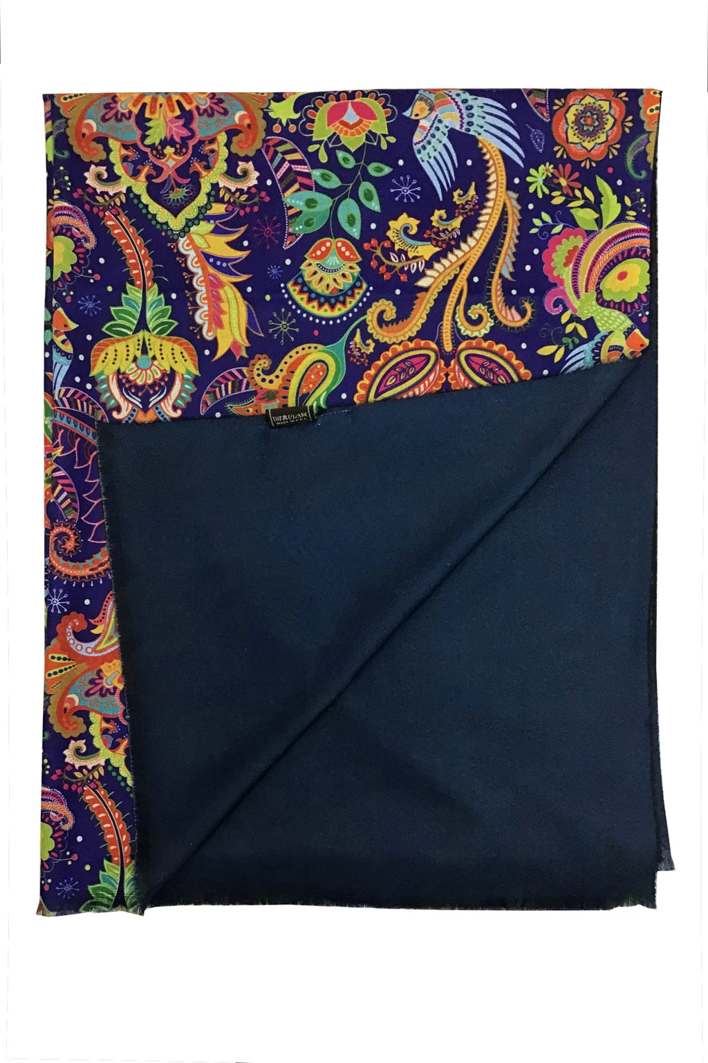 Detailed Paisley & Bird Print Wool Scarf – Blue