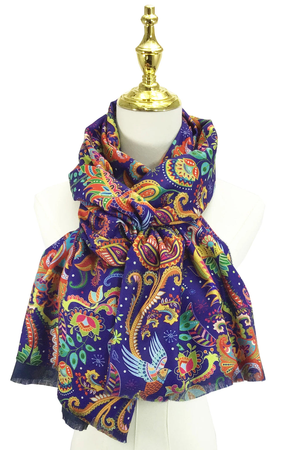 Detailed Paisley & Bird Print Wool Scarf – Blue