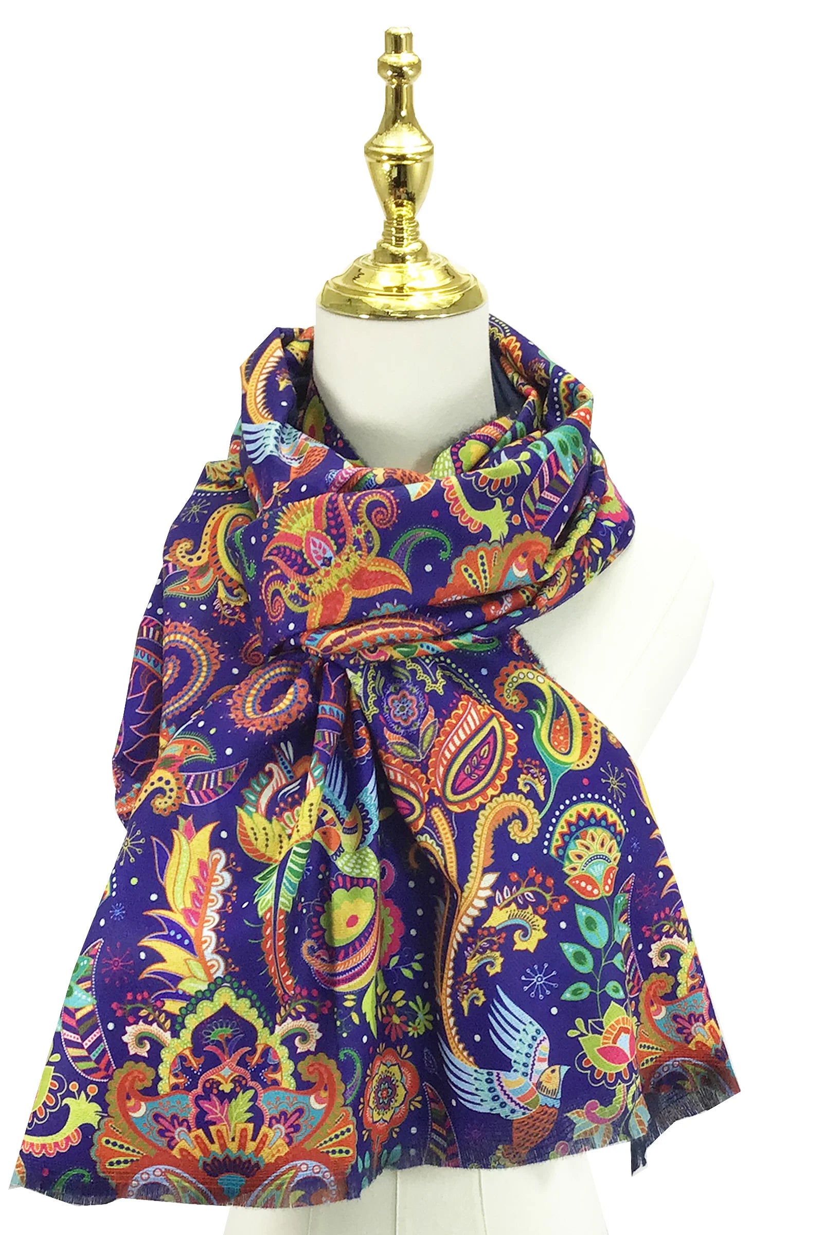 Detailed Paisley & Bird Print Wool Scarf – Blue