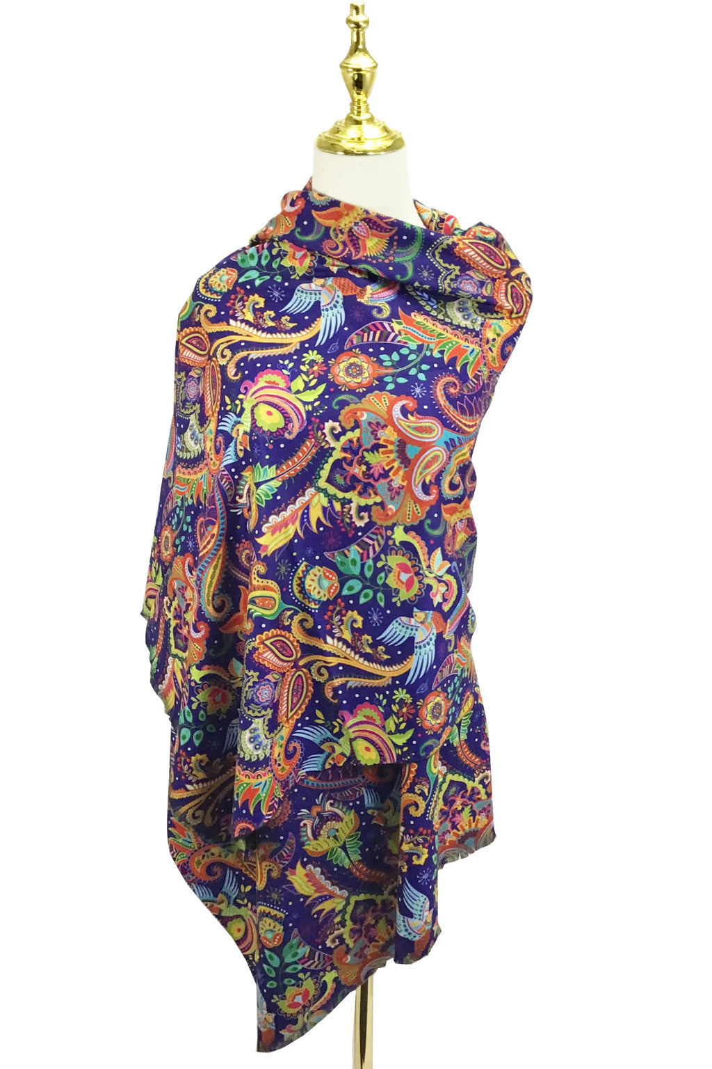 Detailed Paisley & Bird Print Wool Scarf – Blue