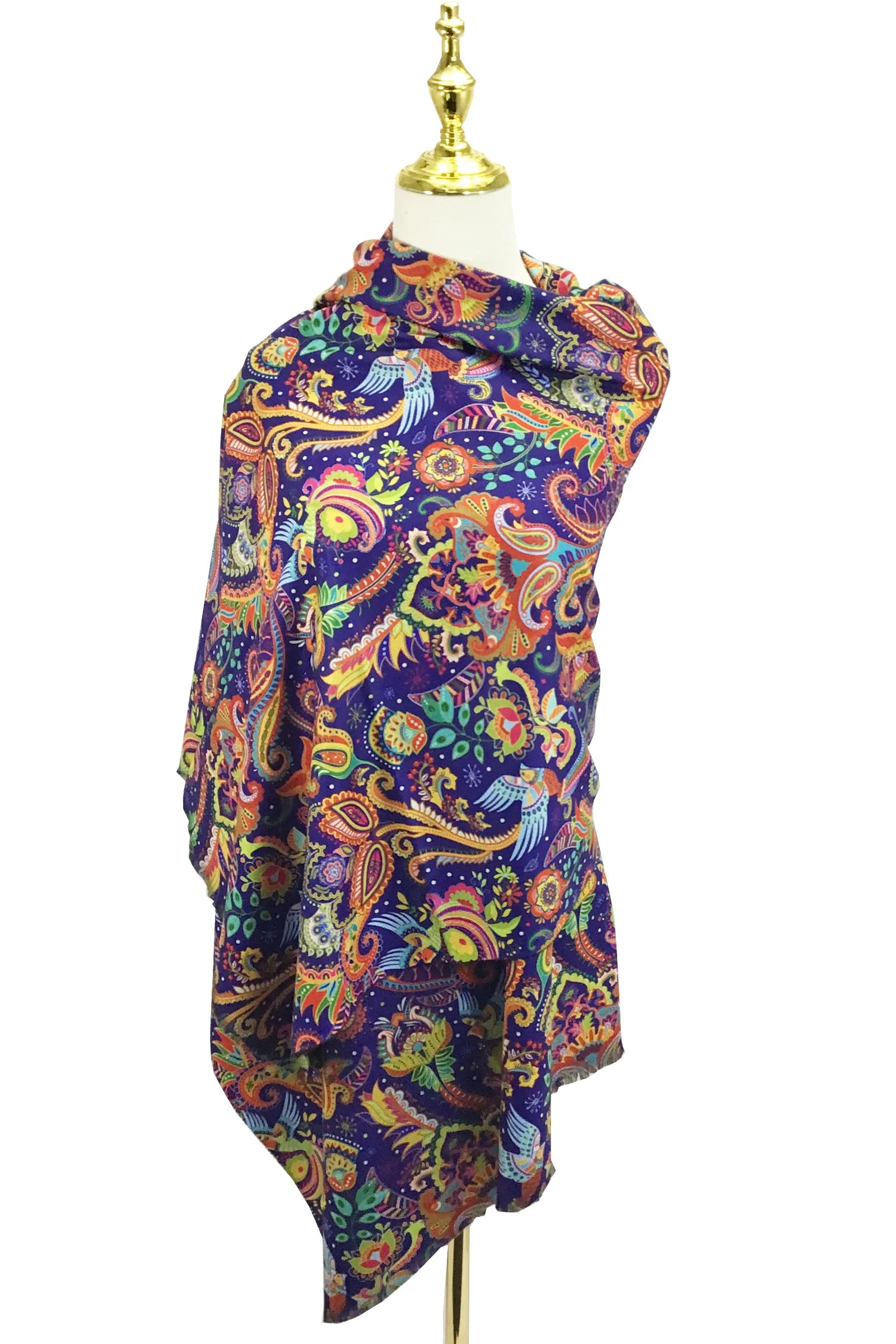 Detailed Paisley & Bird Print Wool Scarf – Blue