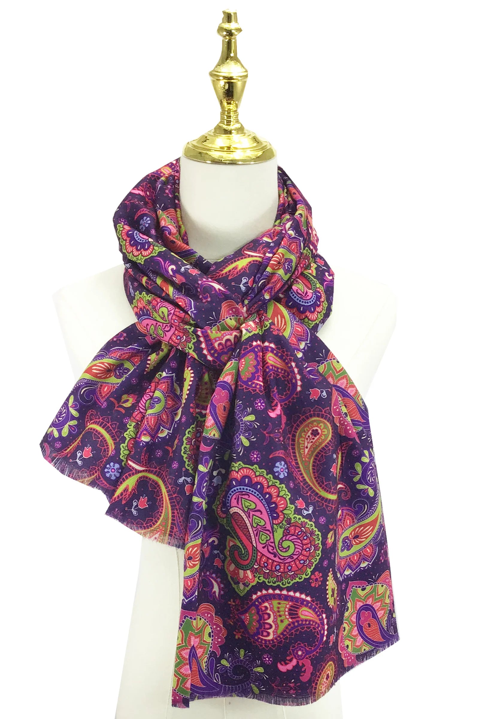Indian inspired Paisley & Floral Print Wool Tassel Scarf – Purple