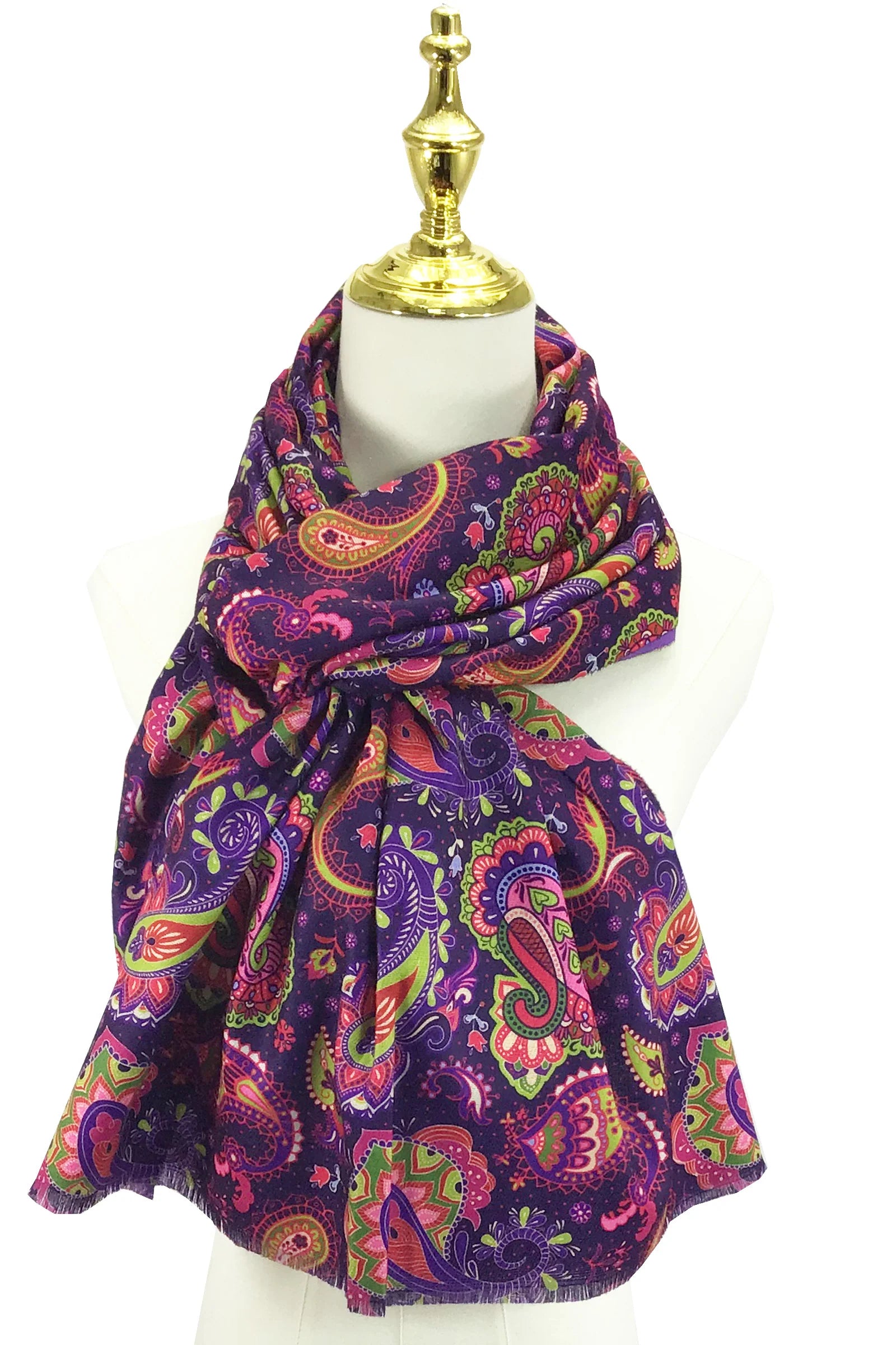 Indian inspired Paisley & Floral Print Wool Tassel Scarf – Purple