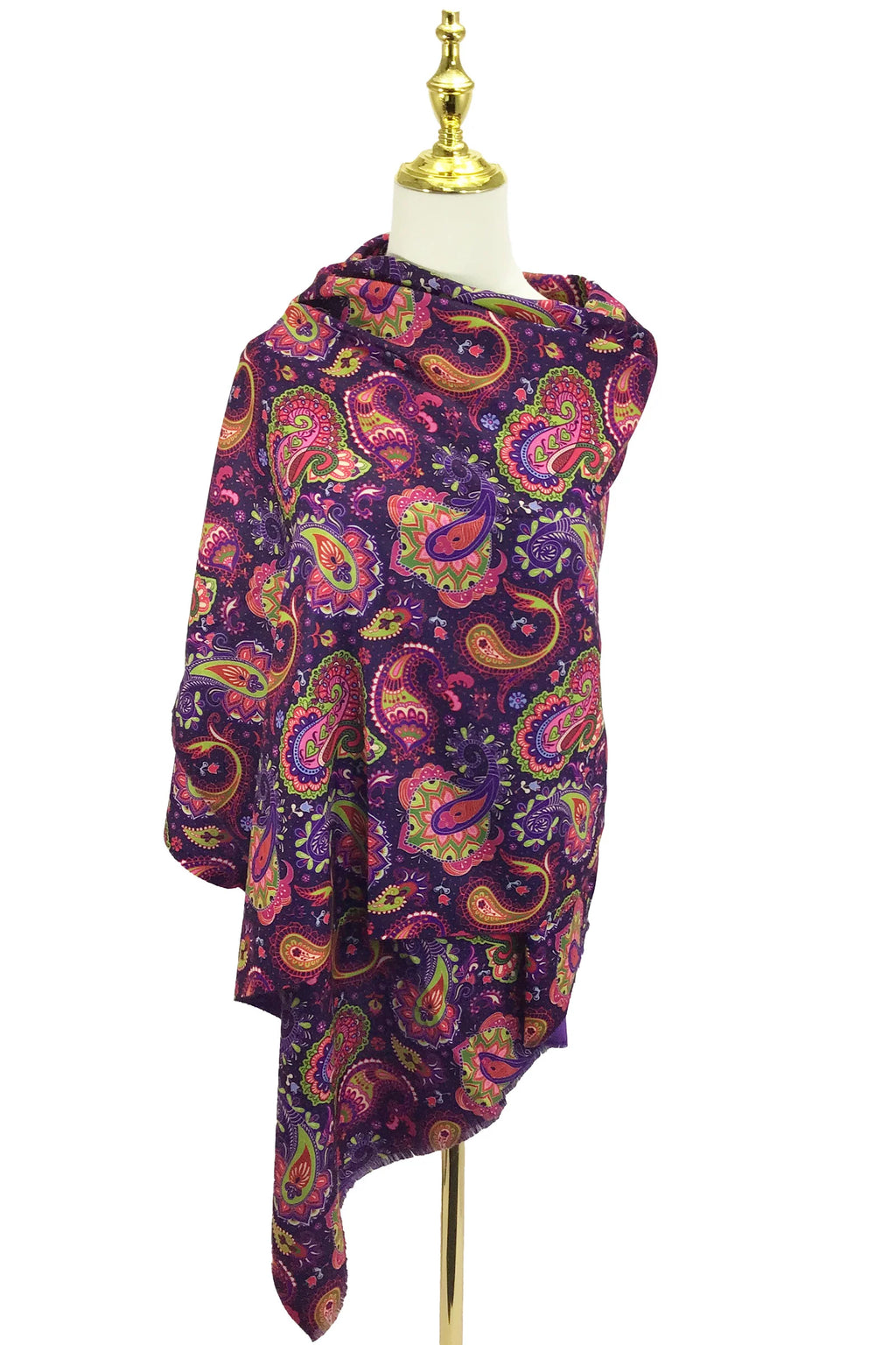 Indian inspired Paisley & Floral Print Wool Tassel Scarf – Purple