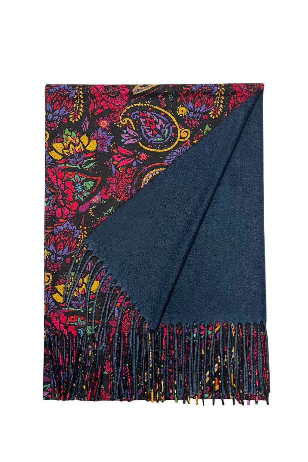 Indian inspired Paisley & Floral Print Wool Tassel Scarf – Black