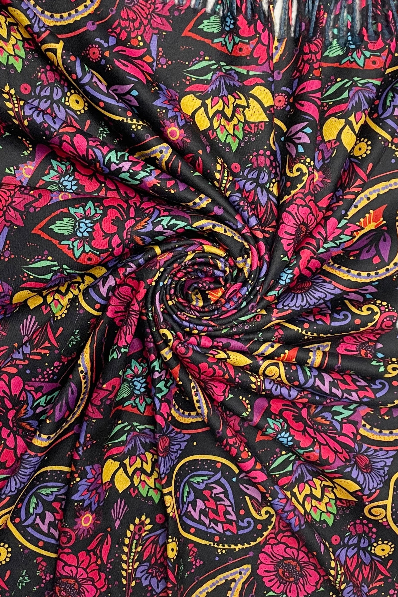 Indian inspired Paisley & Floral Print Wool Tassel Scarf – Black