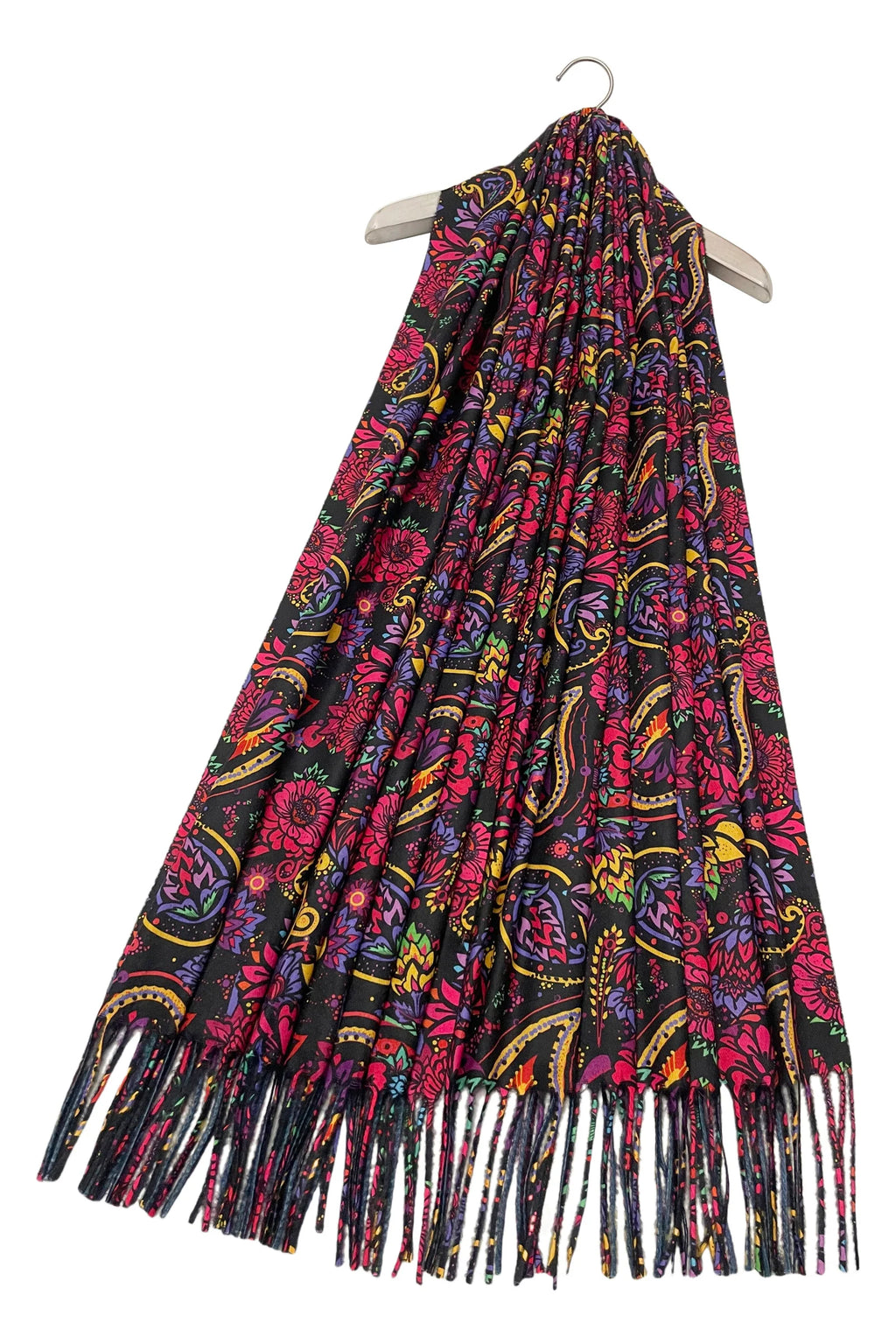 Indian inspired Paisley & Floral Print Wool Tassel Scarf – Black