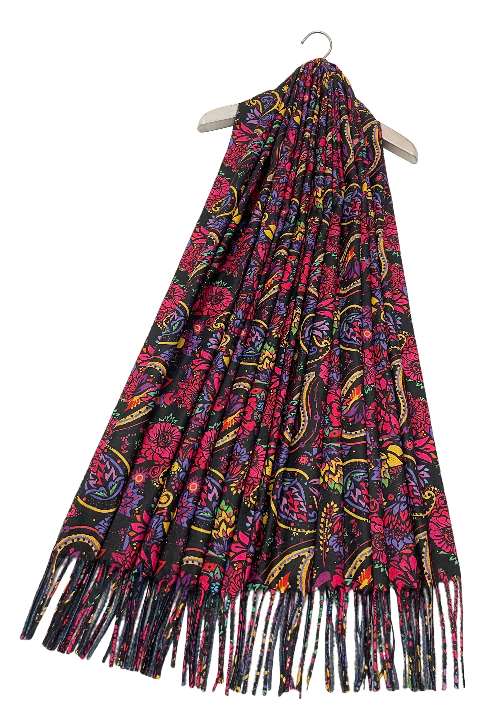 Indian inspired Paisley & Floral Print Wool Tassel Scarf – Black