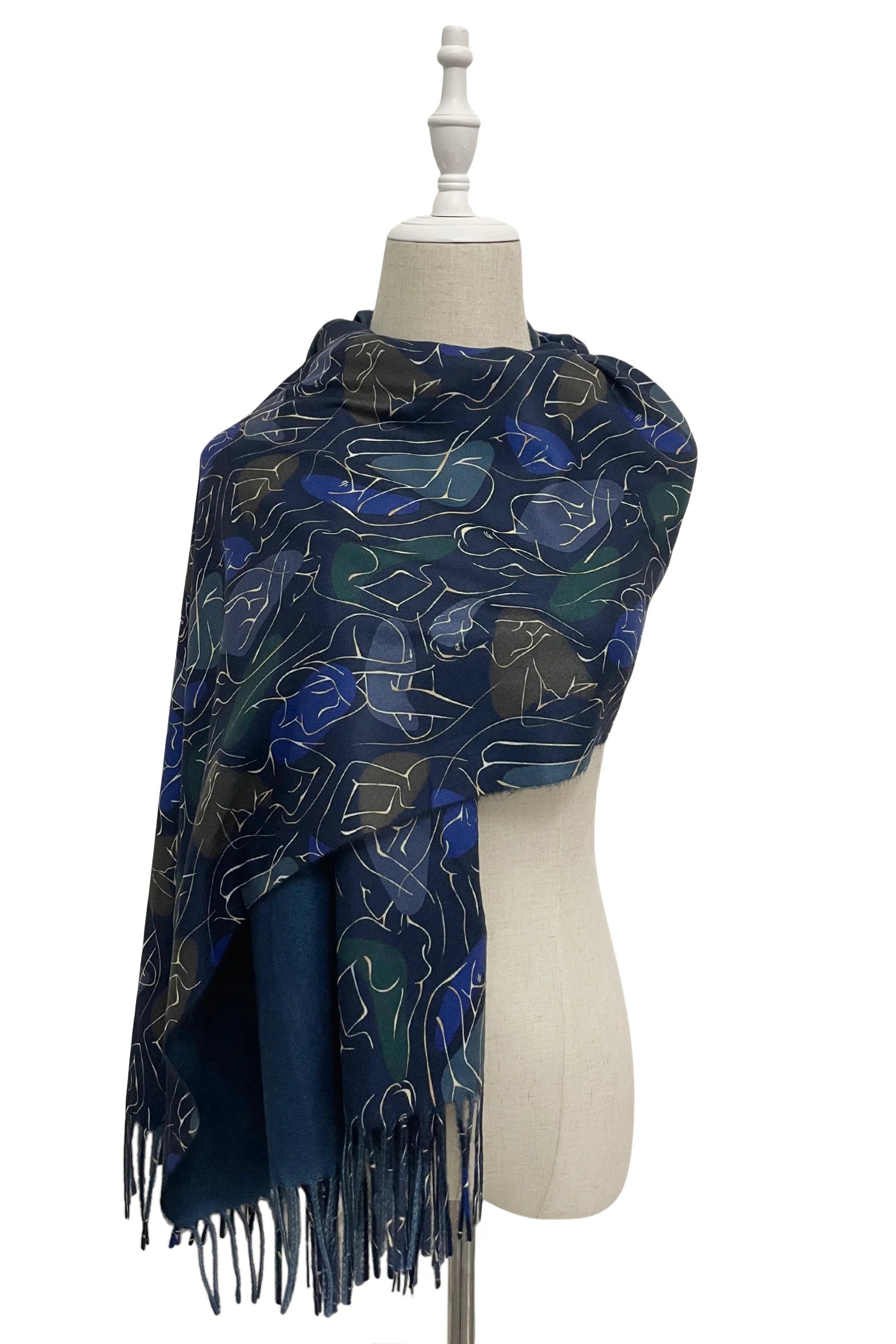 Fine Line Female Figure Wool Tassel Scarf – Navy