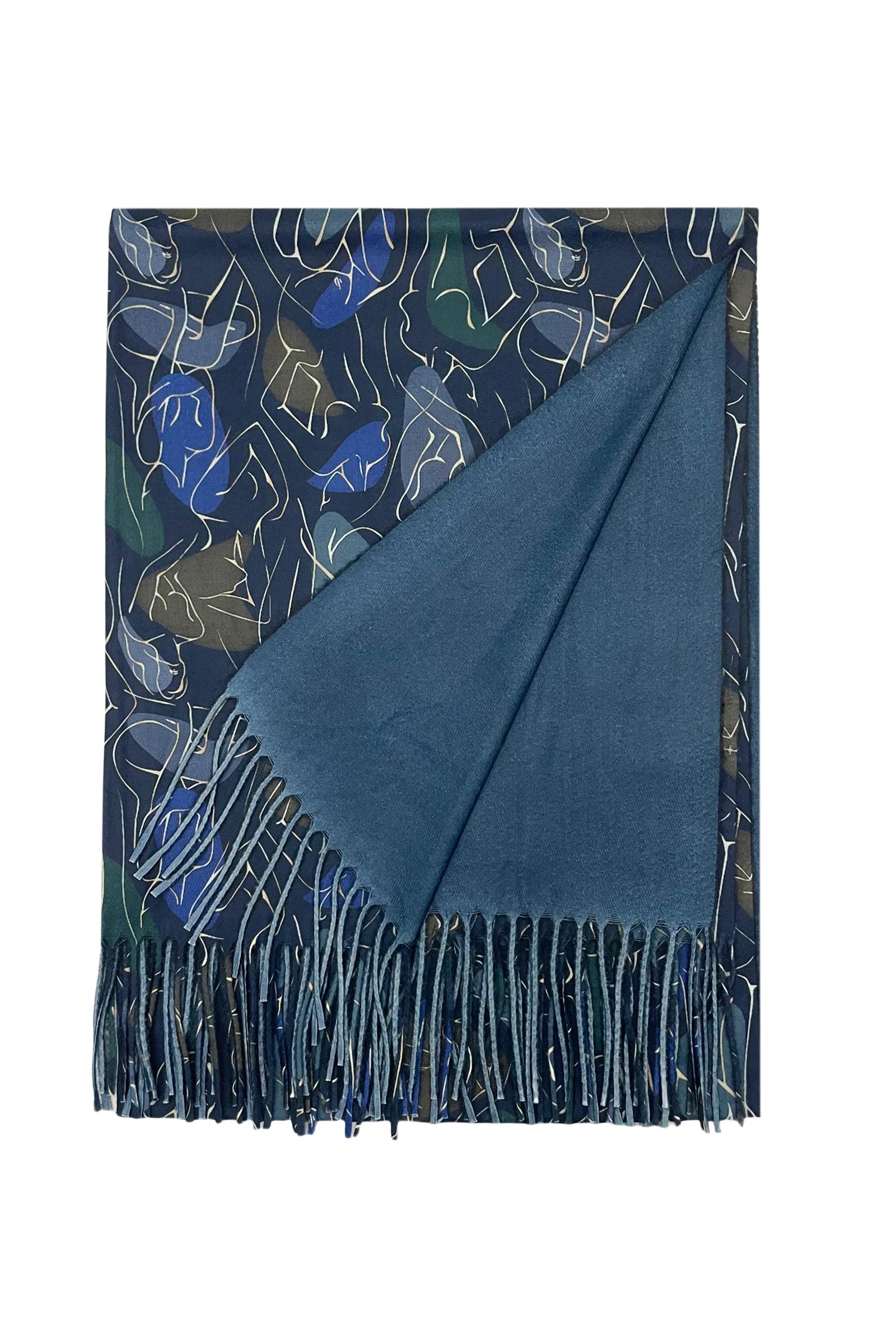 Fine Line Female Figure Wool Tassel Scarf – Navy