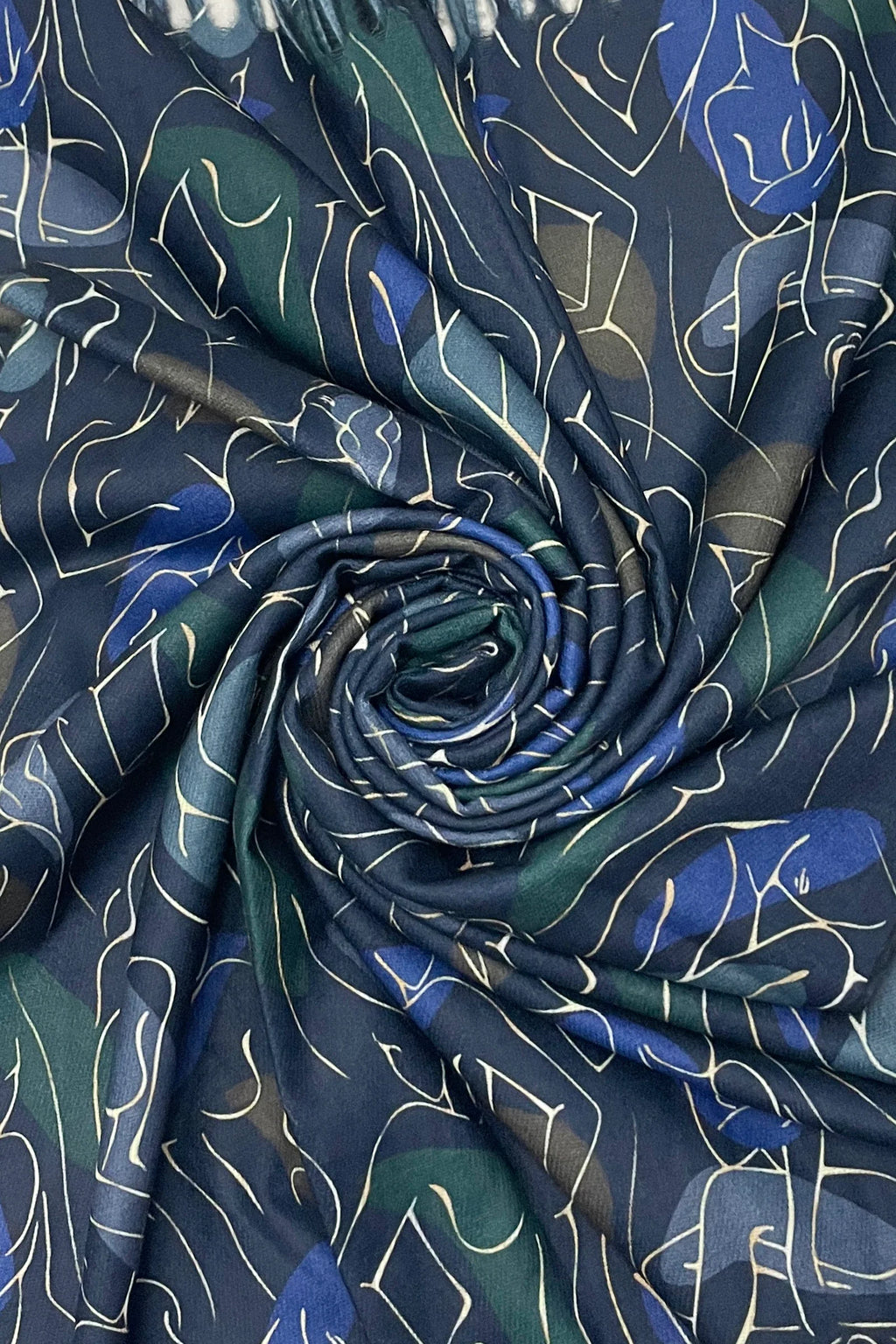 Fine Line Female Figure Wool Tassel Scarf – Navy