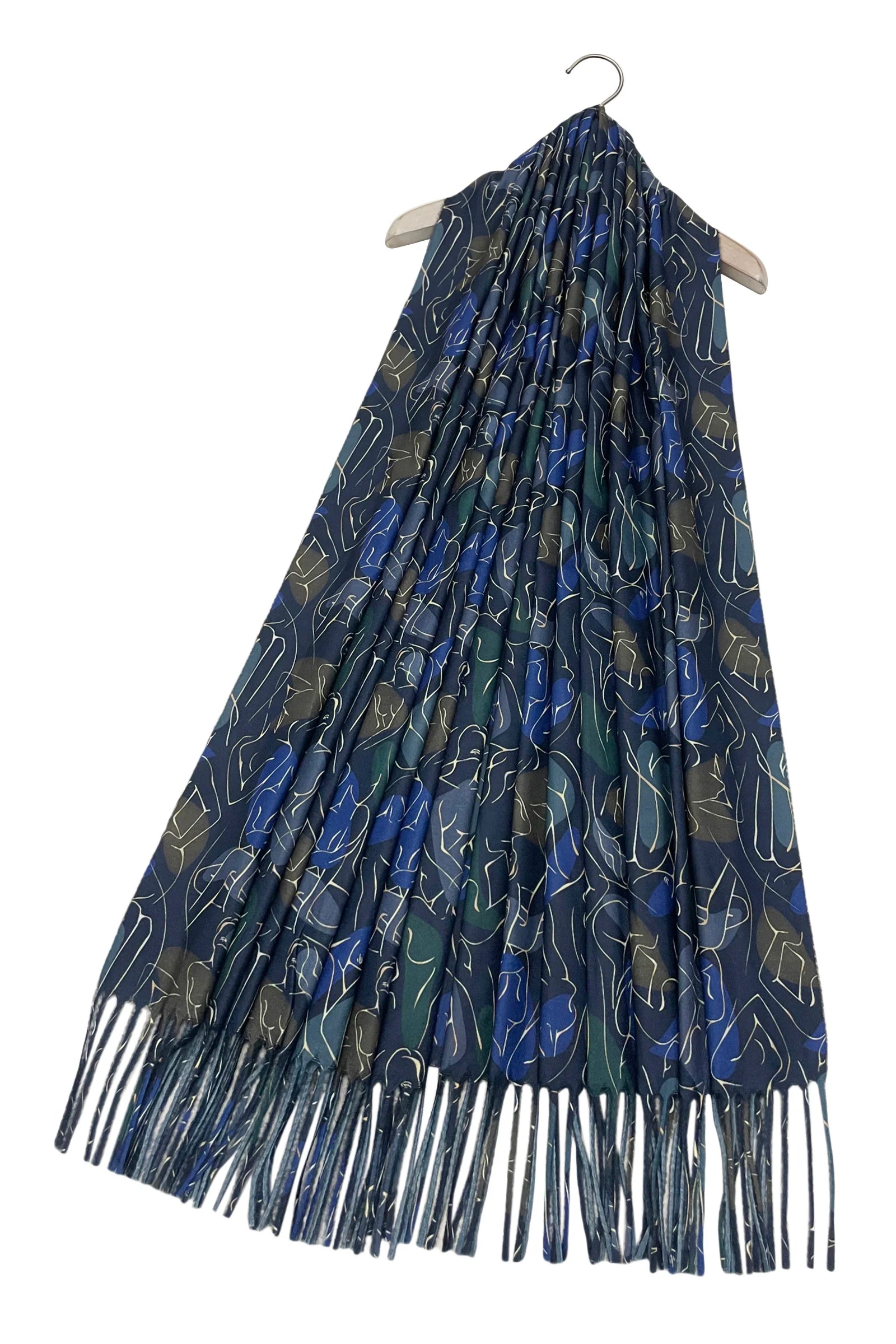 Fine Line Female Figure Wool Tassel Scarf – Navy