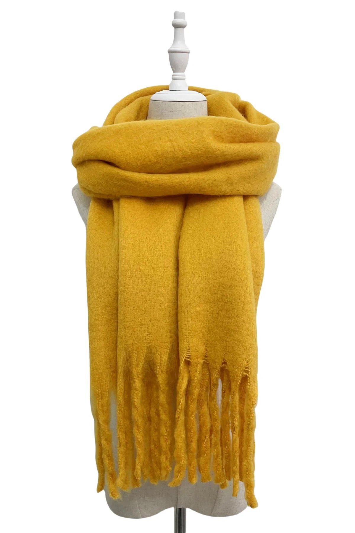 Cosy Plain Blanket Tassel Scarf-Mustard