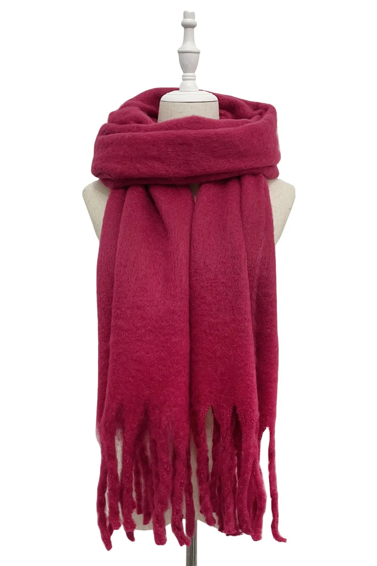 Cosy Plain Blanket Tassel Scarf-Berry Pink