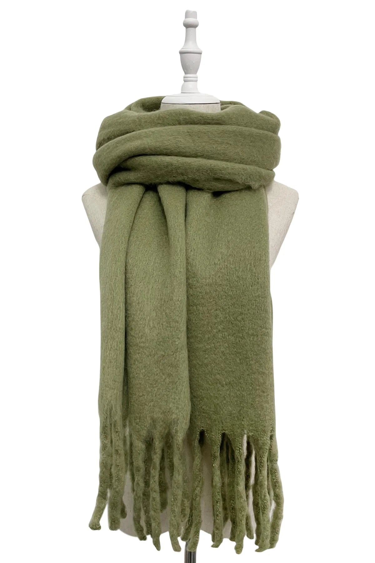 Cosy Plain Blanket Tassel Scarf-Khaki
