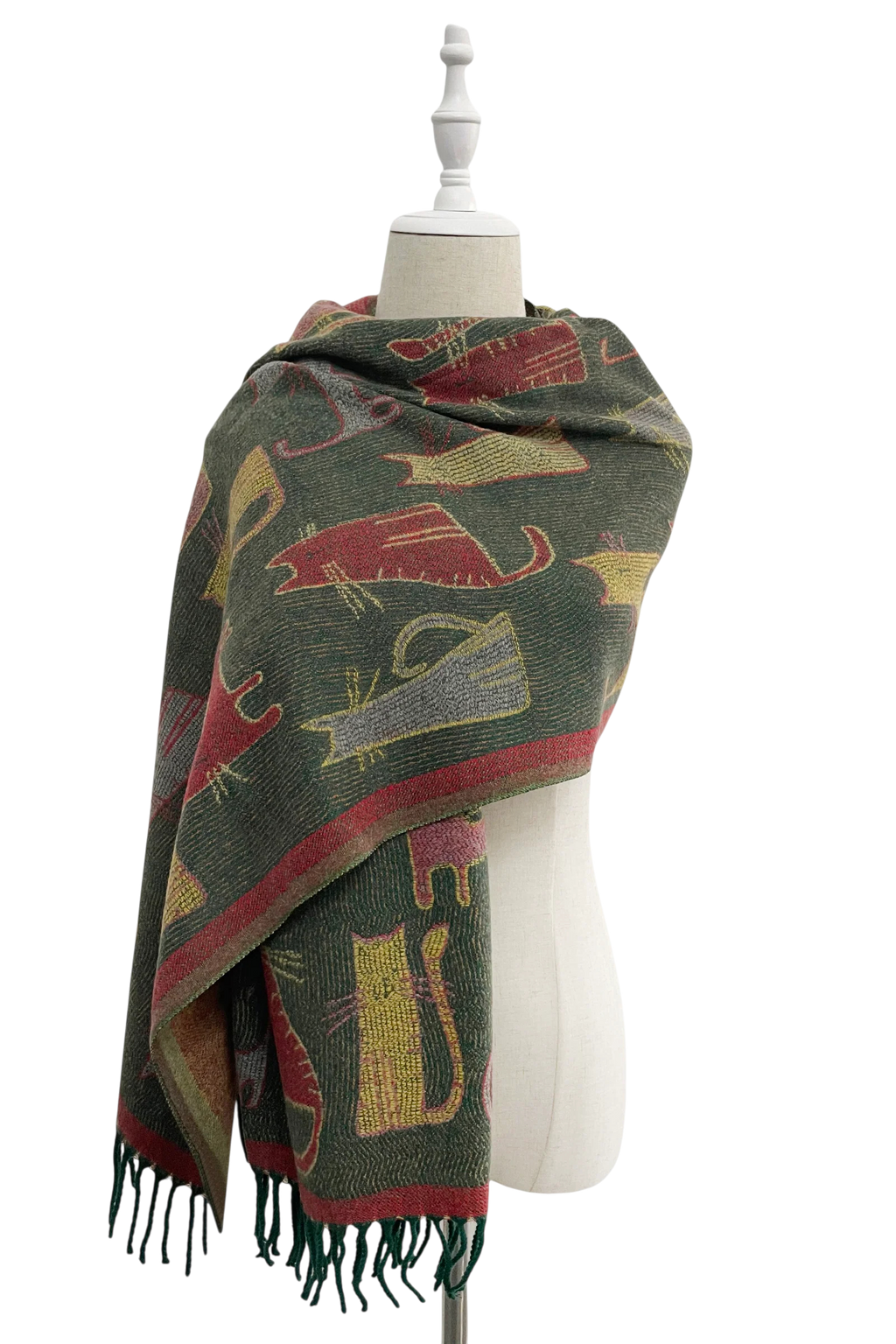 Cat Print Reversible Wool Tassel Scarf