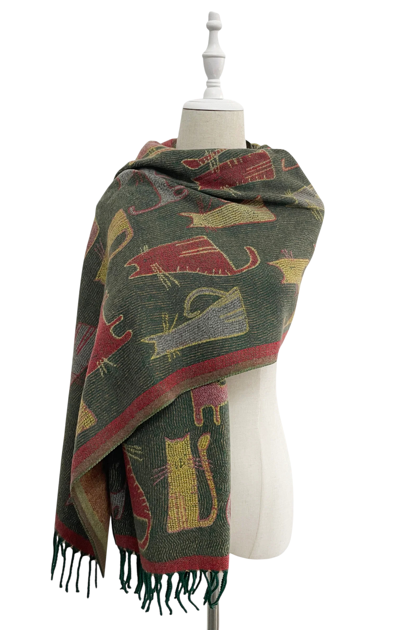 Cat Print Reversible Wool Tassel Scarf