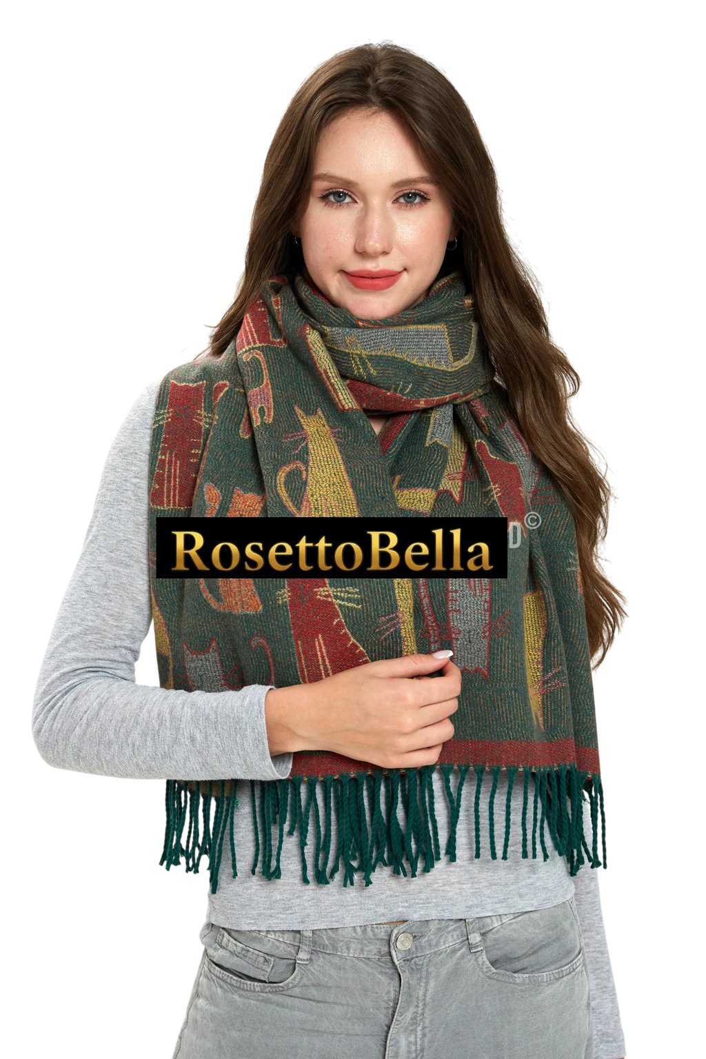 Cat Print Reversible Wool Tassel Scarf