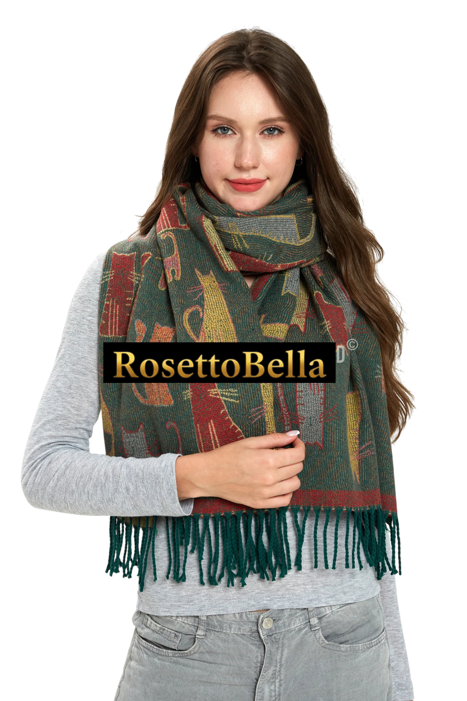 Cat Print Reversible Wool Tassel Scarf