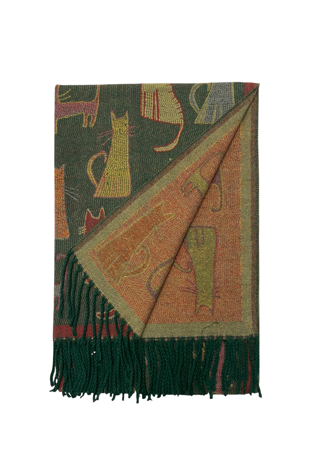 Cat Print Reversible Wool Tassel Scarf