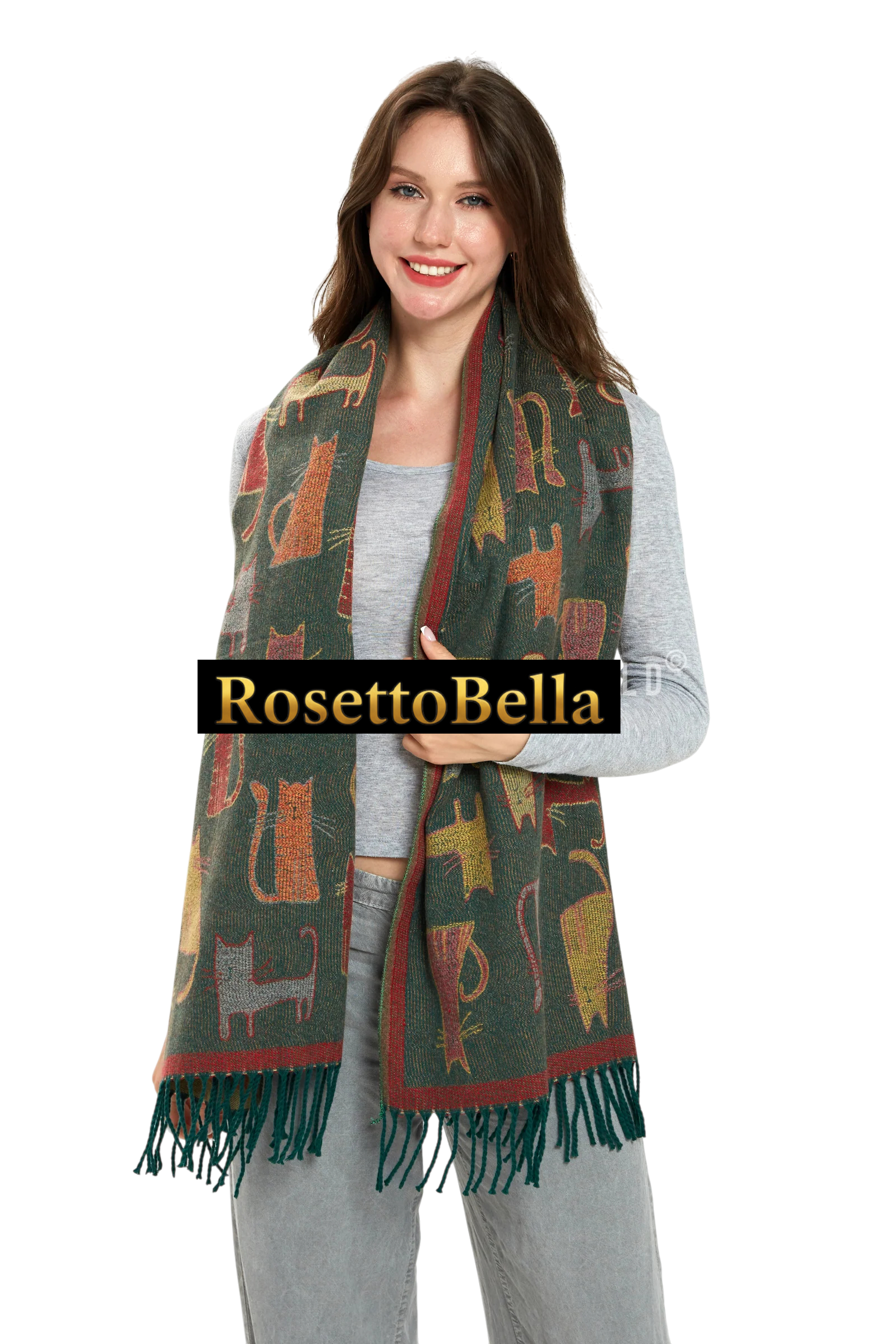 Cat Print Reversible Wool Tassel Scarf