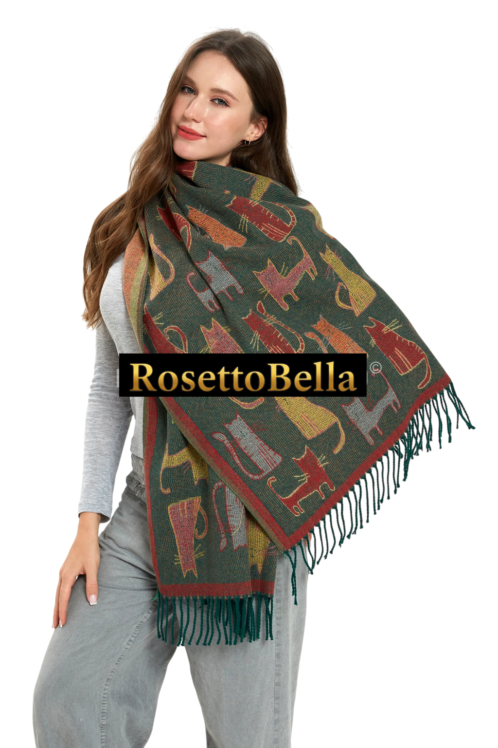 Cat Print Reversible Wool Tassel Scarf