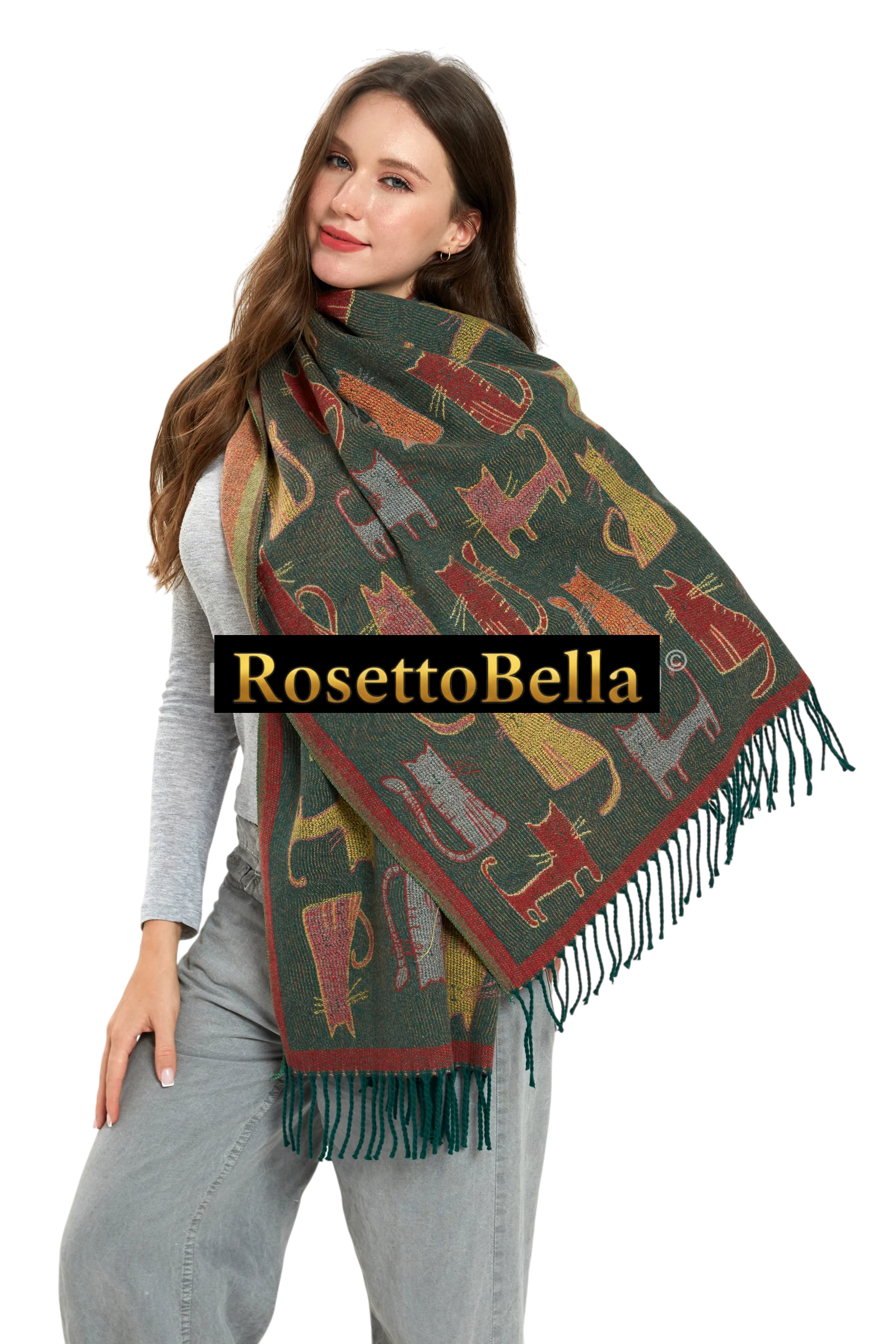 Cat Print Reversible Wool Tassel Scarf