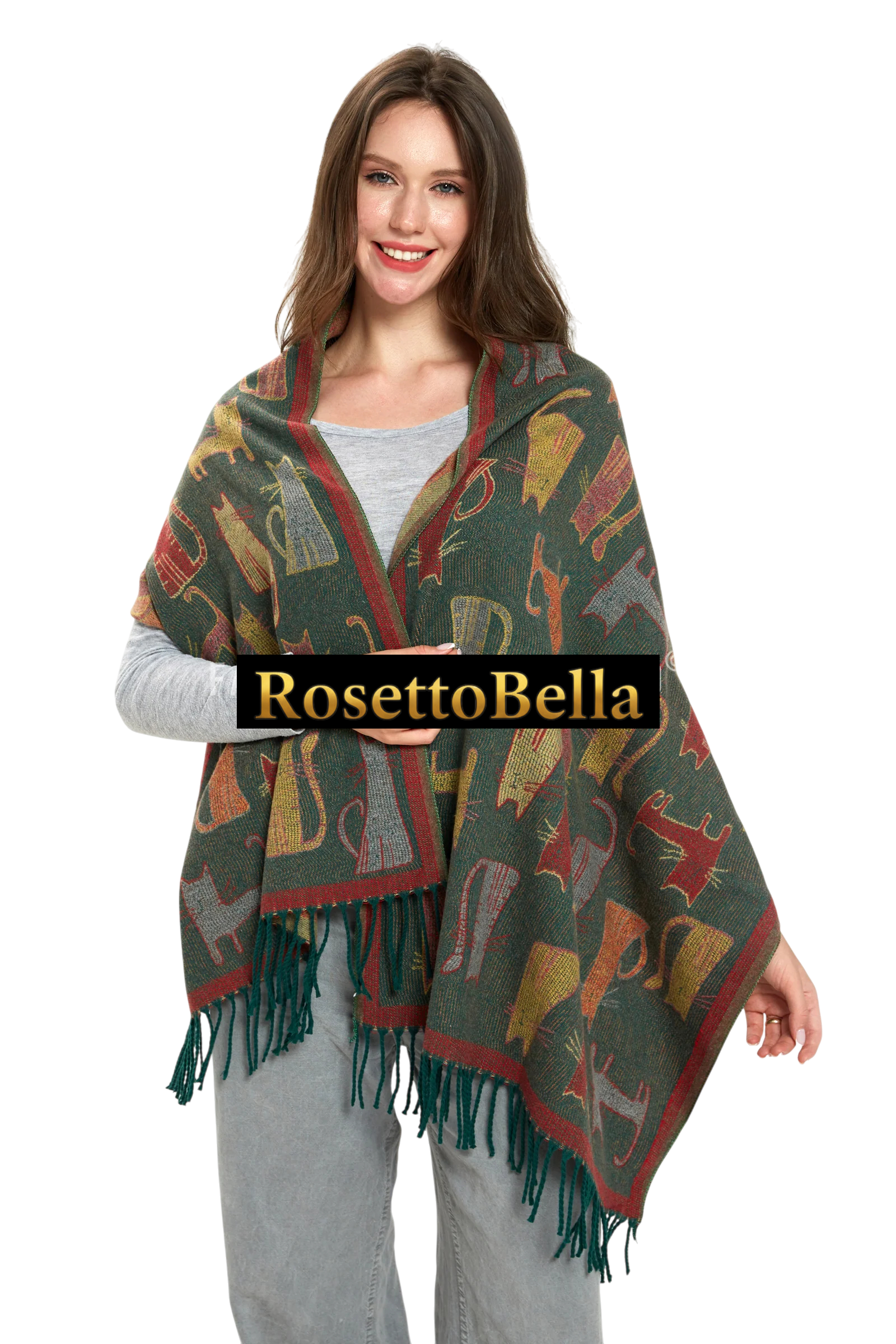 Cat Print Reversible Wool Tassel Scarf