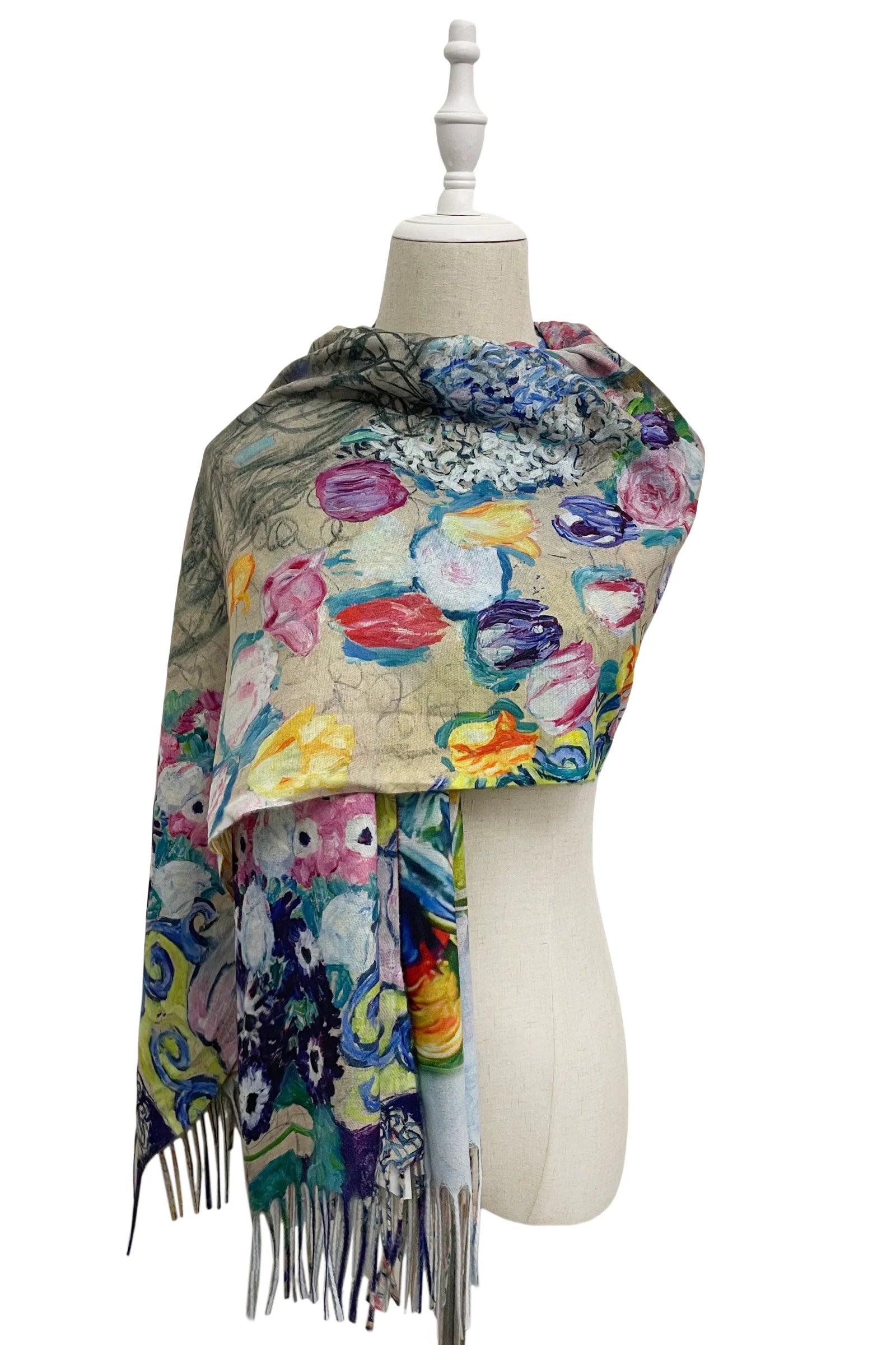 Klimt Portrait of Maria Munk & Peacock Art Print Reversible Wool Tassel Scarf